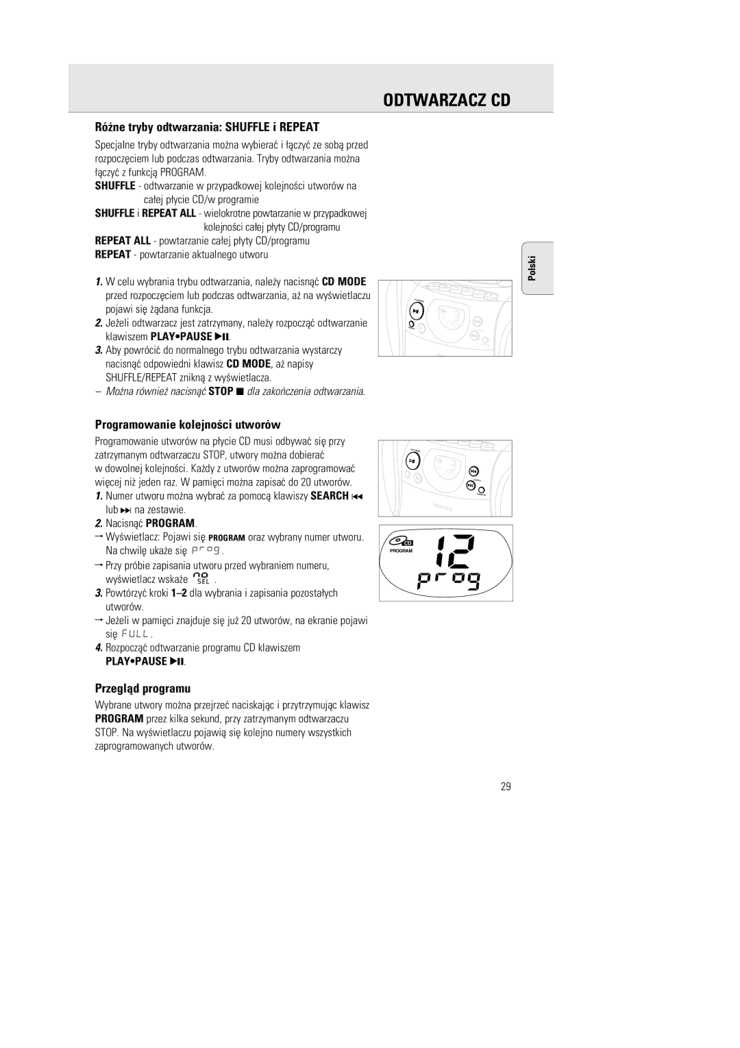 Philips AZ1142 manual Ró¿ne tryby odtwarzania Shuffle i Repeat, Programowanie kolejnoœci utworów, Przeglåd programu 