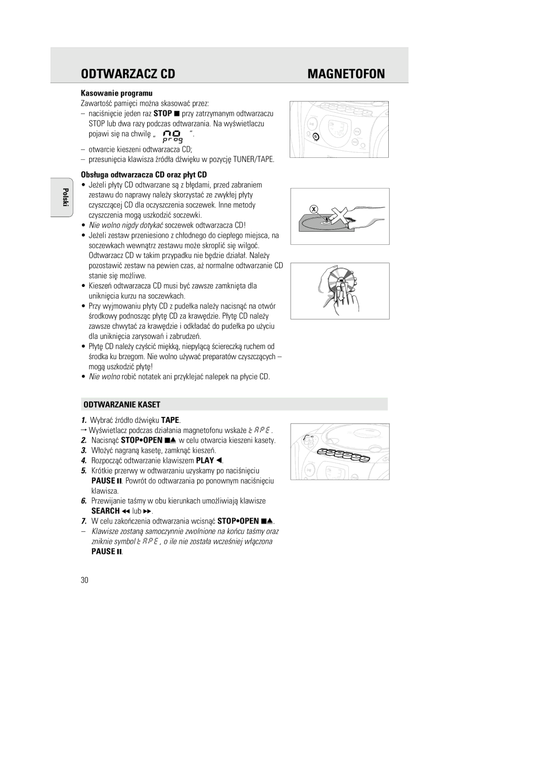 Philips AZ1142 manual Magnetofon, Kasowanie programu, Obs¬uga odtwarzacza CD oraz p¬yt CD, Odtwarzanie Kaset 