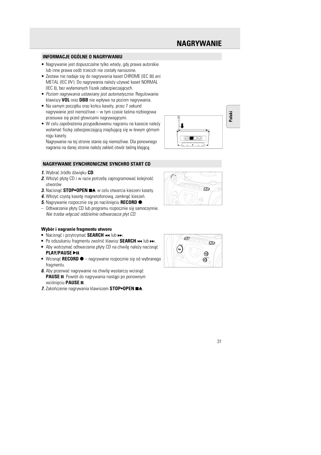 Philips AZ1142 manual Informacje Ogólne O Nagrywaniu, Nagrywanie Synchroniczne Synchro Start CD 