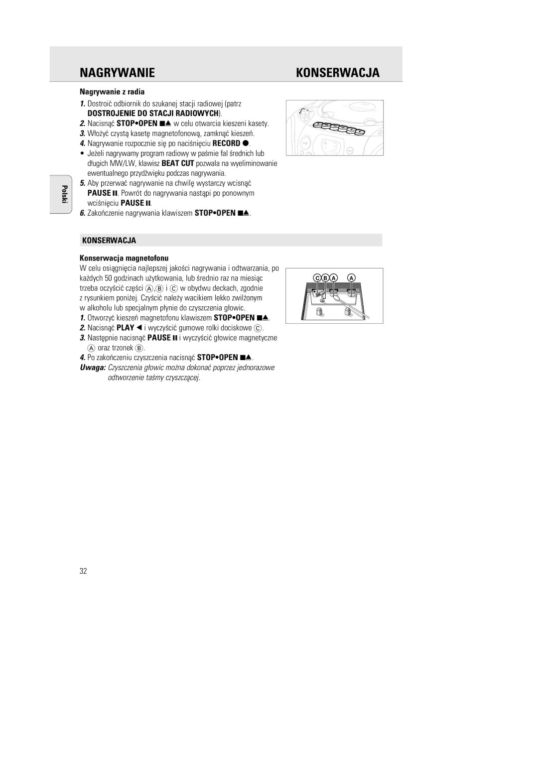 Philips AZ1142 manual Nagrywanie z radia, Konserwacja magnetofonu, Odtworzenie taœmy czyszczåcej 