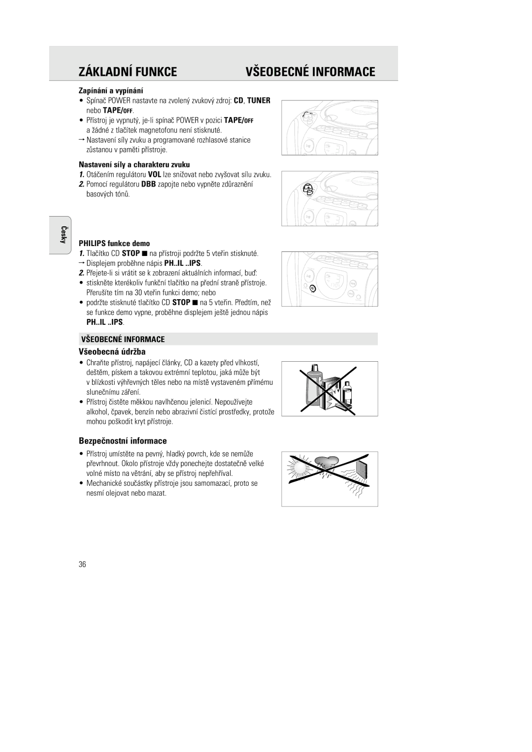 Philips AZ1142 manual Základní Funkce, ∂eobecná údrba, Bezpeènostní informace, ¤EOBECNÉ Informace 