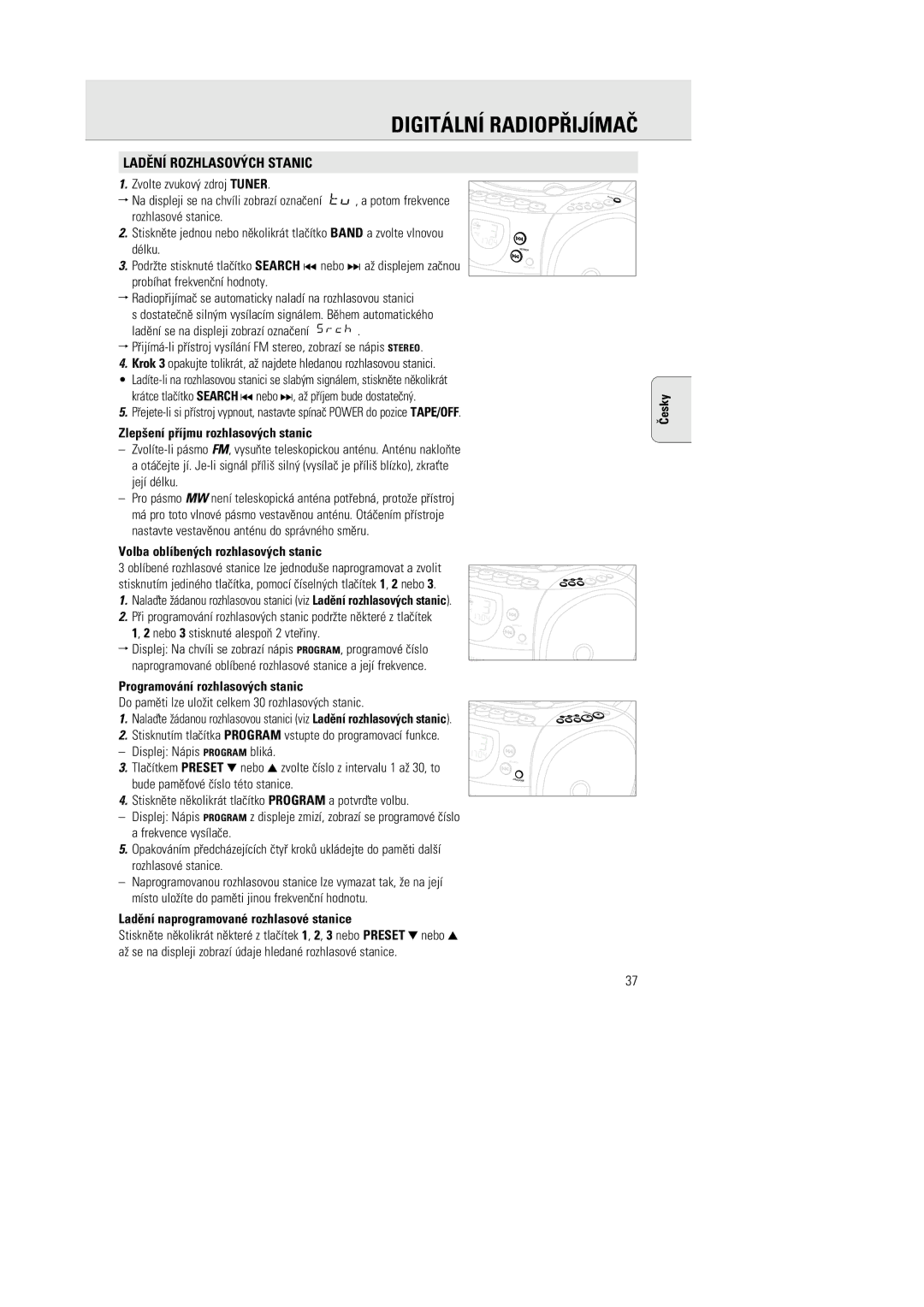 Philips AZ1142 manual Digitální Radiopøijímaè, Ladìní ROZHLASOV‡CH Stanic 