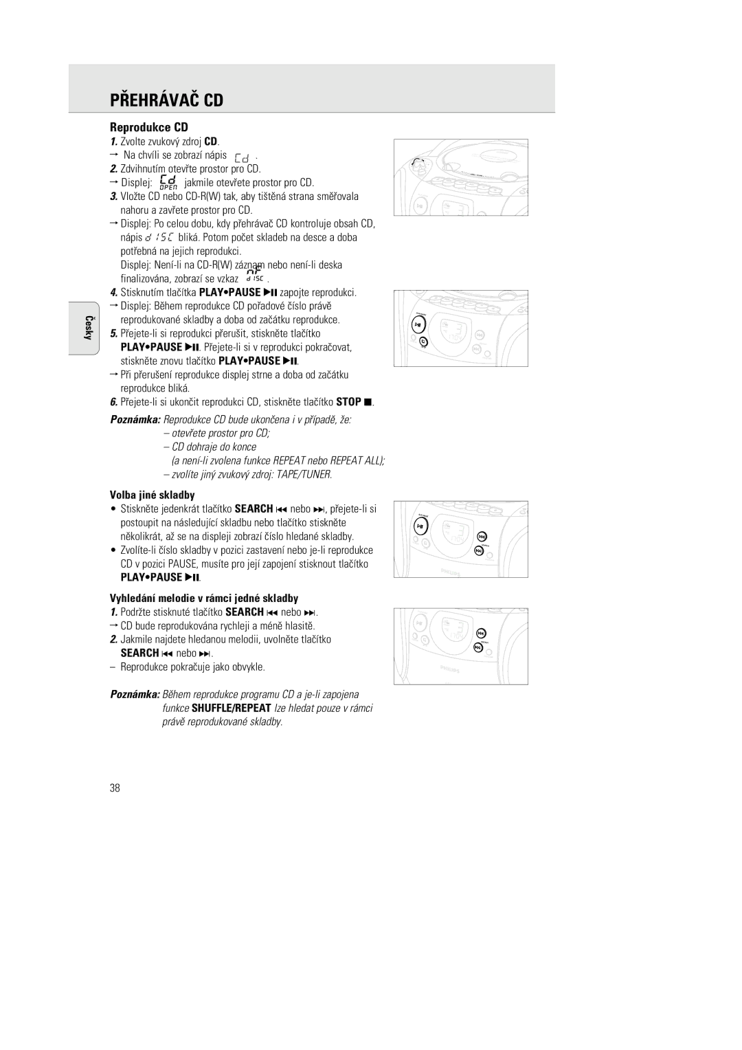 Philips AZ1142 manual Pøehrávaè CD, Reprodukce CD, Volba jiné skladby, Vyhledání melodie v rámci jedné skladby 