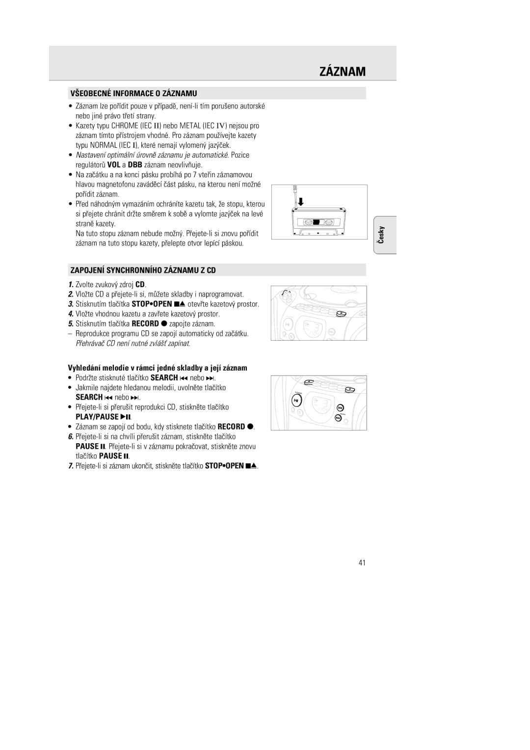 Philips AZ1142 manual ¤EOBECNÉ Informace O Záznamu, Zapojení Synchronního Záznamu Z CD 