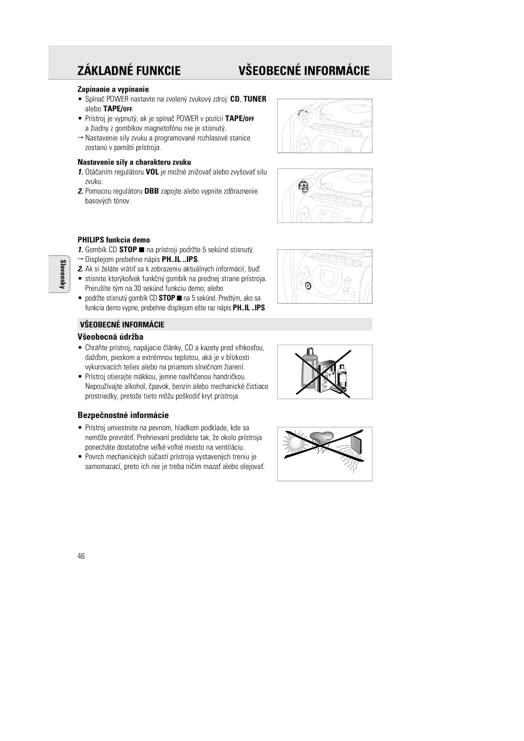 Philips AZ1142 manual Základné Funkcie, Bezpeènostné informácie, ¤EOBECNÉ Informácie 