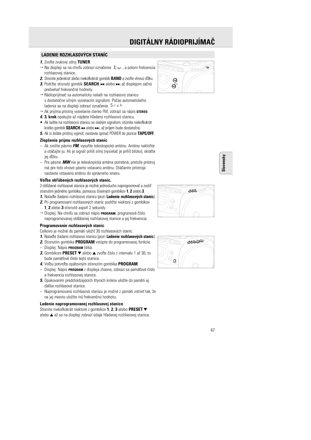 Philips AZ1142 manual Digitálny Rádioprijímaè, Ladenie ROZHLASOV‡CH Staníc 