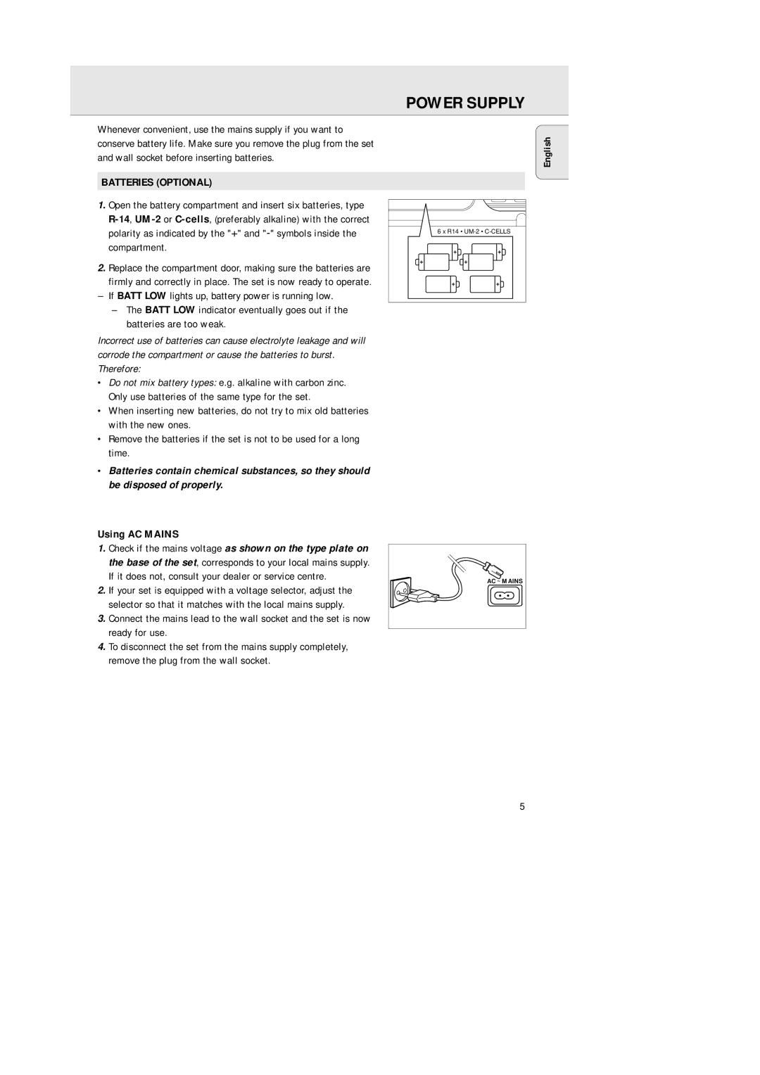 Philips AZ1142 manual Power Supply, Batteries Optional, Using AC Mains 