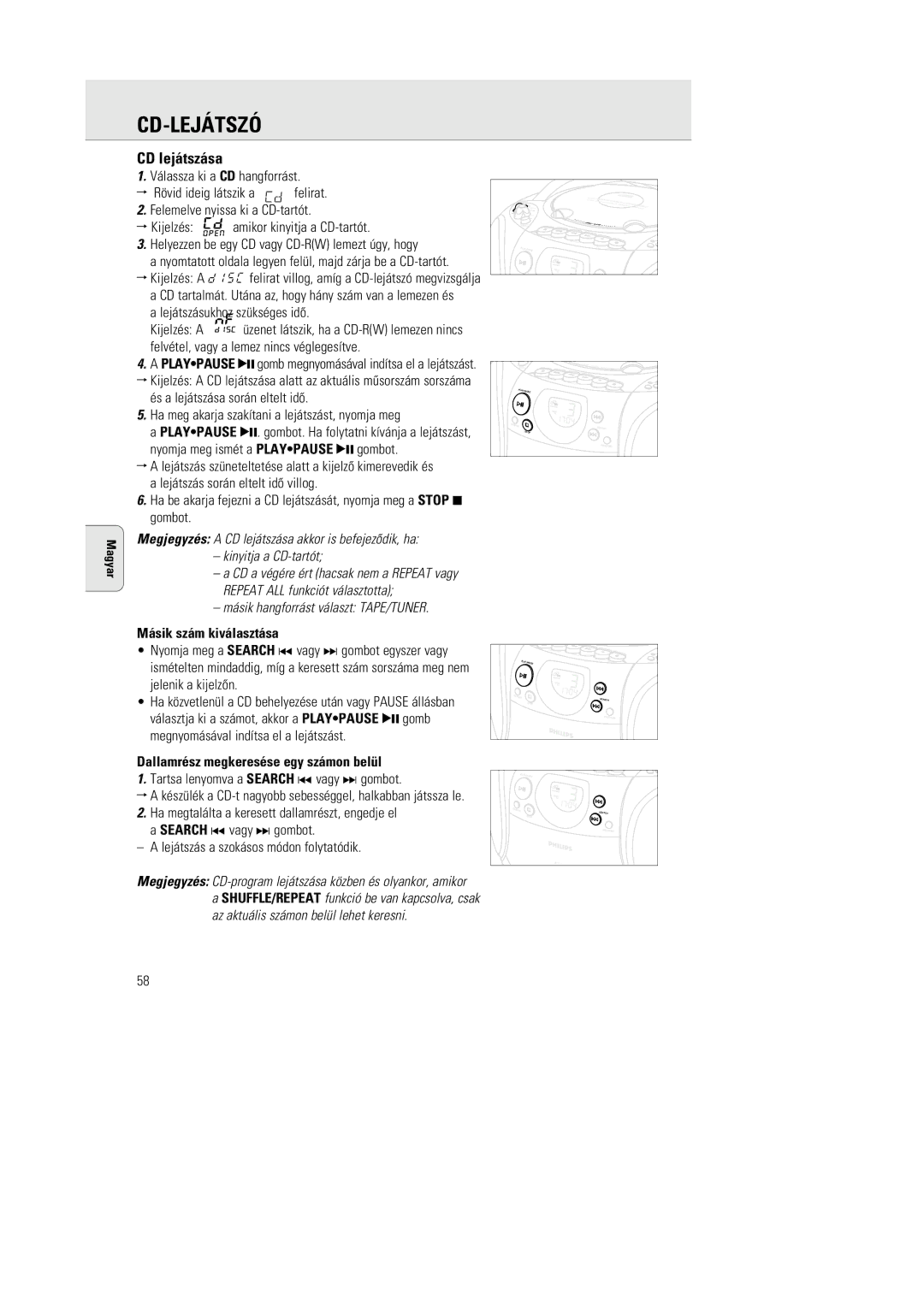 Philips AZ1142 manual Cd-Lejátszó, CD lejátszása, Másik hangforrást választ TAPE/TUNER, Másik szám kiválasztása 