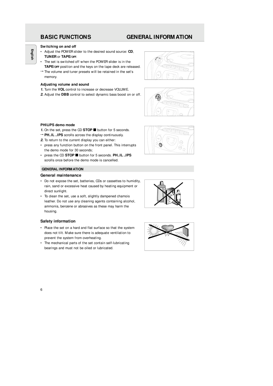 Philips AZ1142 manual Basic Functions, General maintenance, Safety information, General Information 