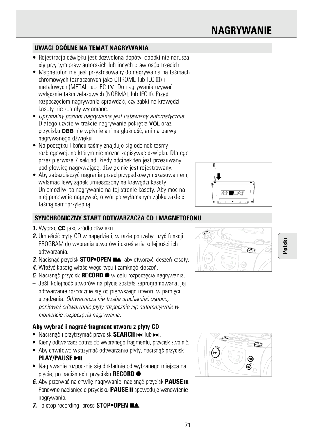 Philips AZ1141, AZ1143, 1140 Nagrywanie, Uwagi Ogólne NA Temat Nagrywania, Synchroniczny Start Odtwarzacza CD I Magnetofonu 