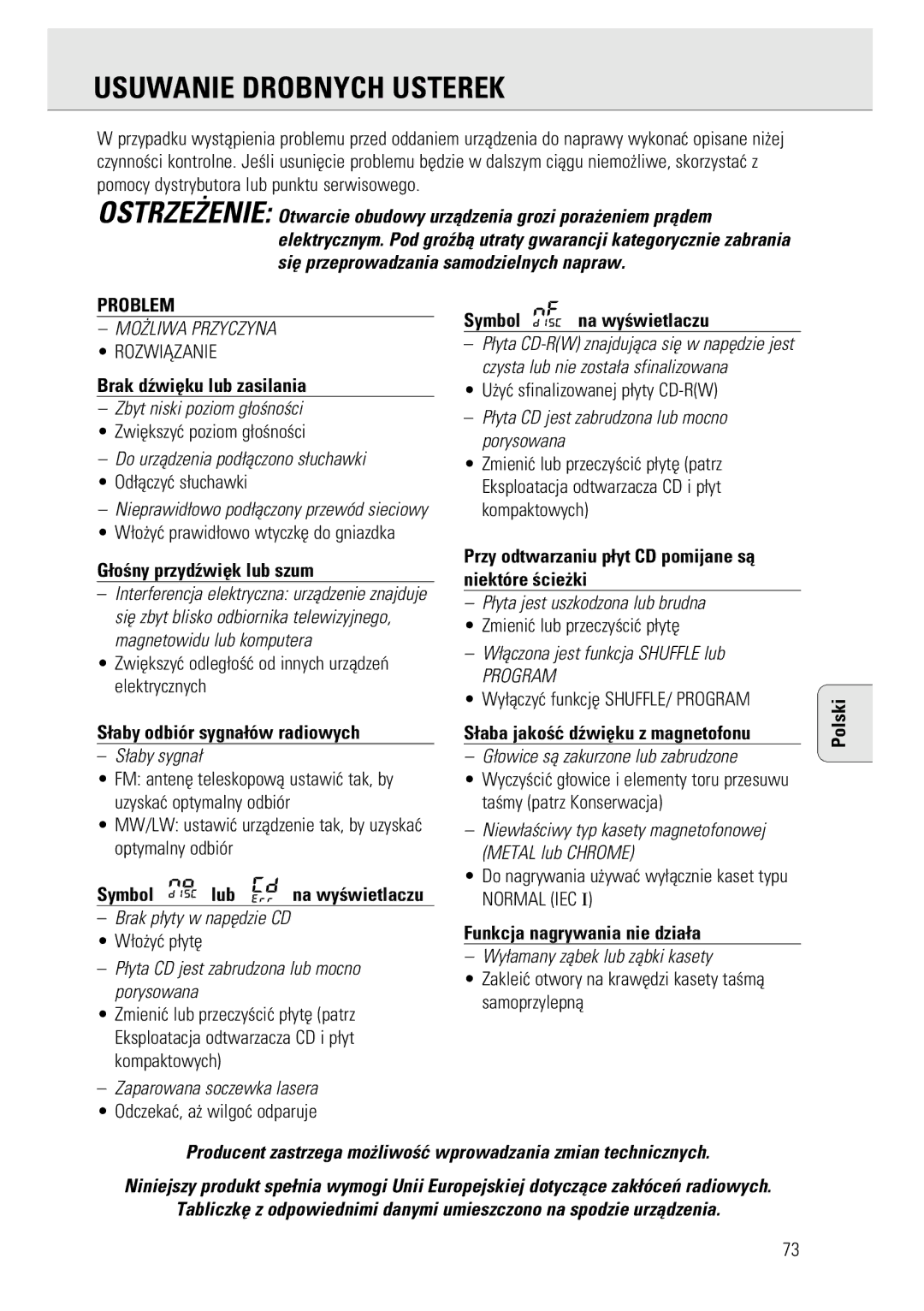 Philips AZ1143, AZ1141, 1140 manual Usuwanie Drobnych Usterek, Problem 