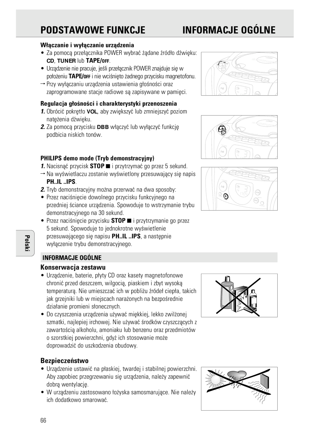 Philips 1140, AZ1143, AZ1141 manual Podstawowe Funkcje, Konserwacja zestawu, Bezpieczeñstwo, Informacje Ogólne 