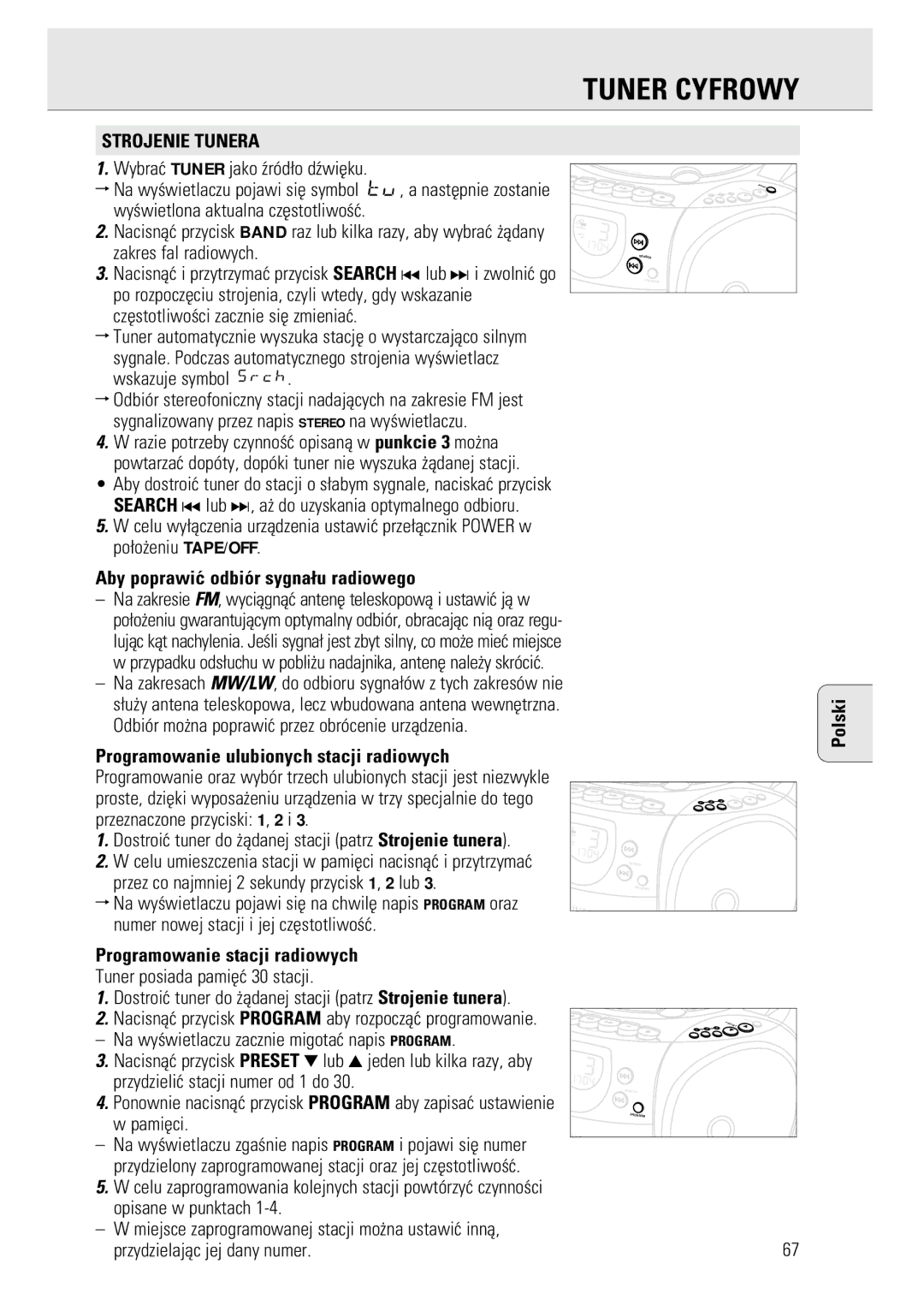 Philips AZ1143, AZ1141, 1140 manual Tuner Cyfrowy, Aby poprawiæ odbiór sygna¬u radiowego, Programowanie stacji radiowych 