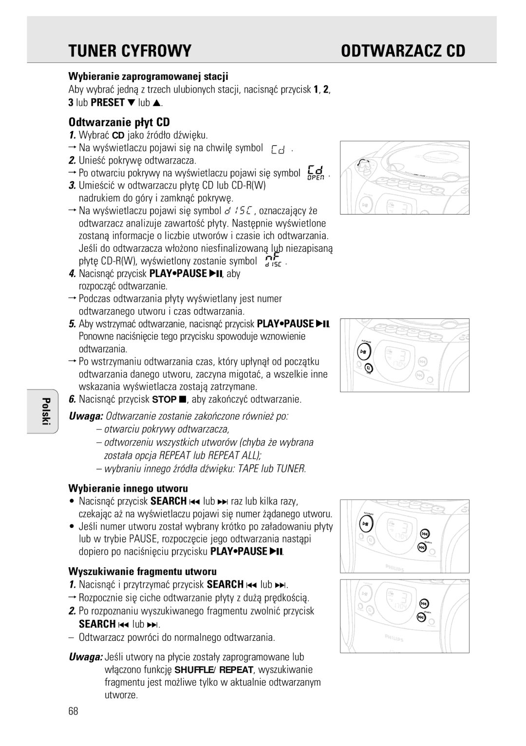 Philips AZ1141, AZ1143, 1140 Tuner Cyfrowy Odtwarzacz CD, Odtwarzanie p¬yt CD, Polski Wybieranie zaprogramowanej stacji 