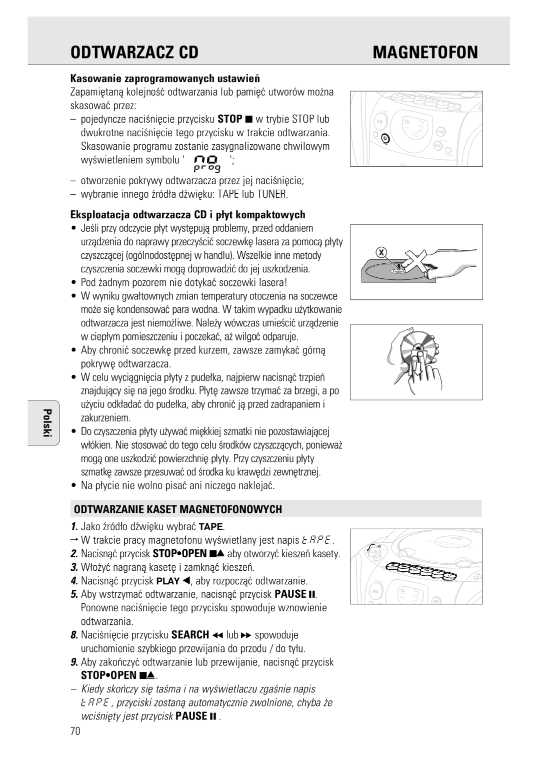 Philips AZ1143, AZ1141 Magnetofon, Kasowanie zaprogramowanych ustawieñ, Eksploatacja odtwarzacza CD i p¬yt kompaktowych 