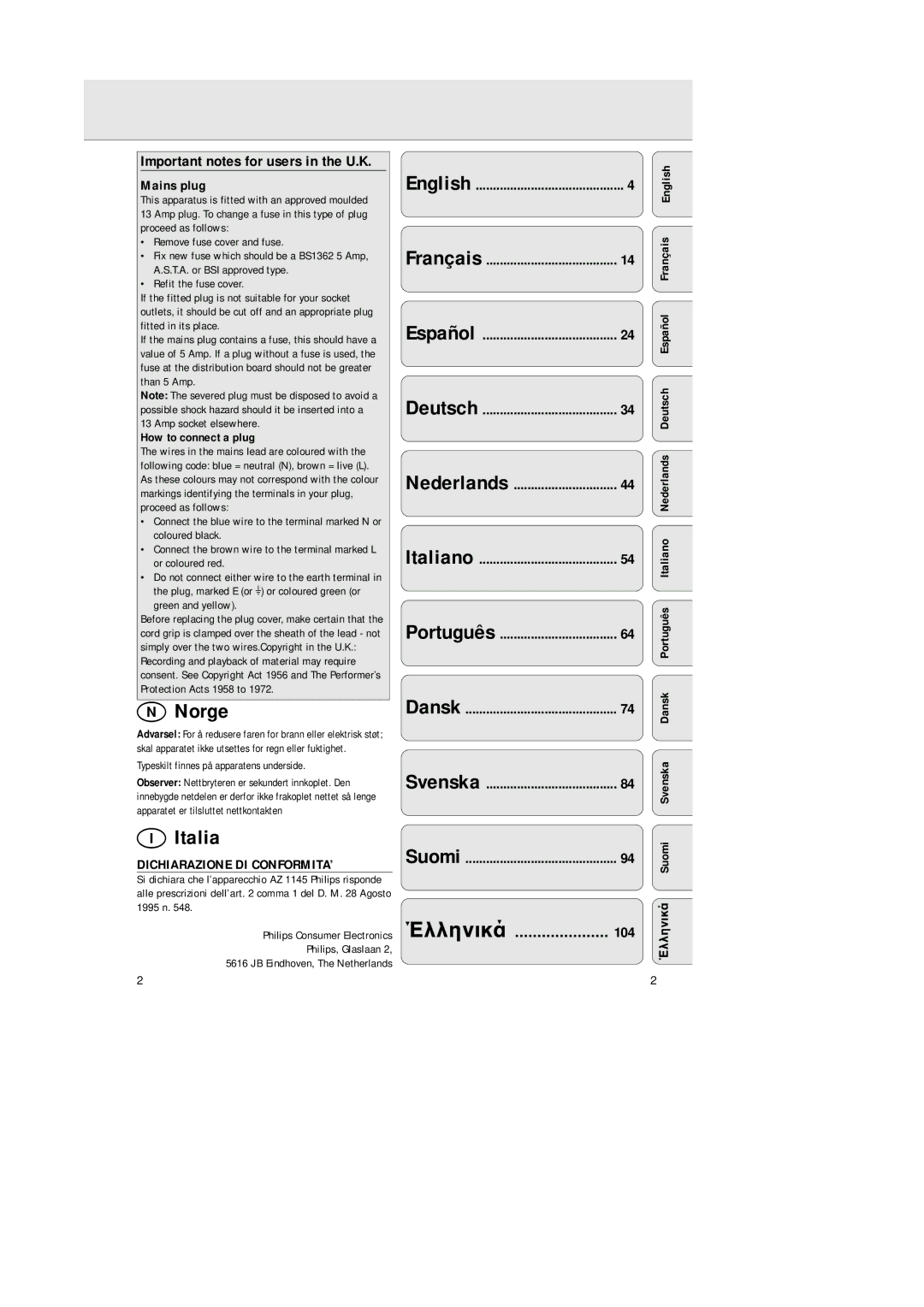 Philips AZ1146, AZ1147 Important notes for users in the U.K, Έλληνικά, Mains plug, Dichiarazione DI CONFORMITA’, Suomi 