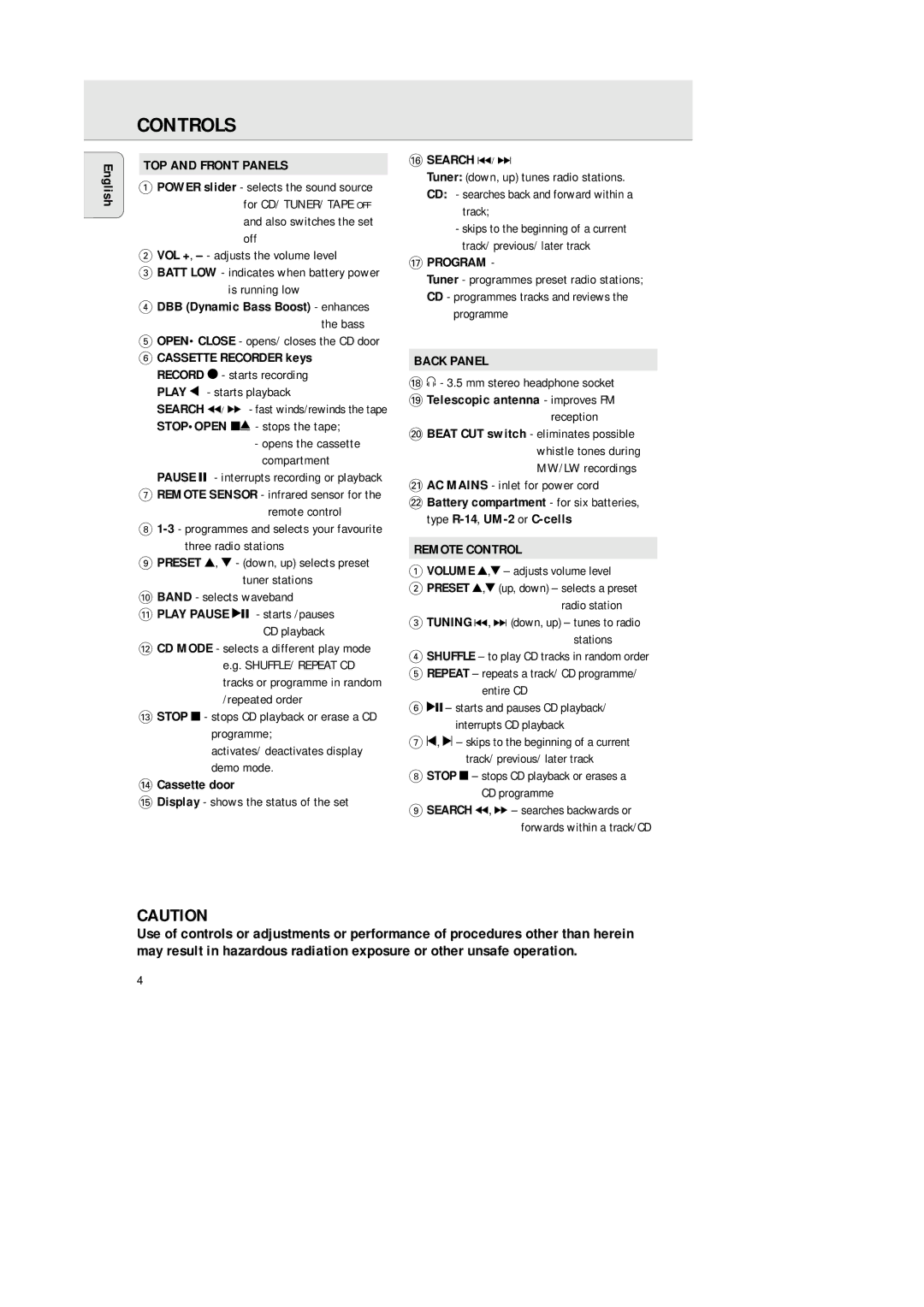 Philips AZ1148, AZ1147, AZ1146 manual Controls, TOP and Front Panels, Program, Back Panel, Remote Control 