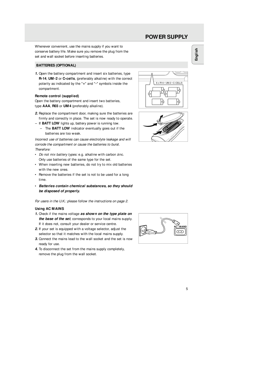 Philips AZ1146, AZ1147, AZ1148 manual Power Supply, Batteries Optional, Remote control supplied, Using AC Mains 