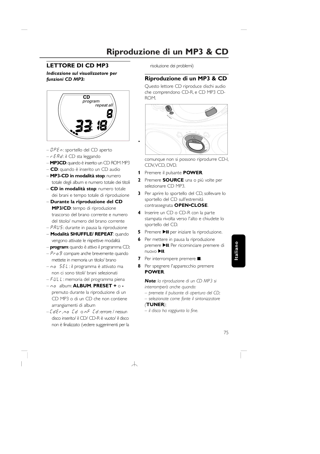 Philips AZ1150 manual Riproduzione di un MP3 & CD, Indicazione sul visualizzatore per funzioni CD MP3 