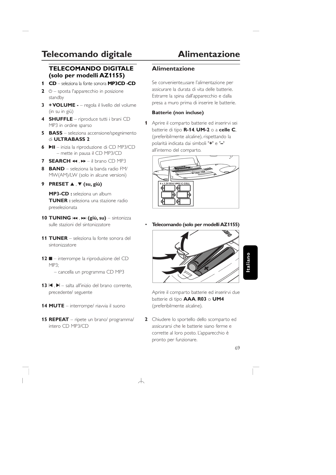 Philips AZ1150 manual Telecomando digitale Alimentazione, Telecomando Digitale solo per modelli AZ1155 