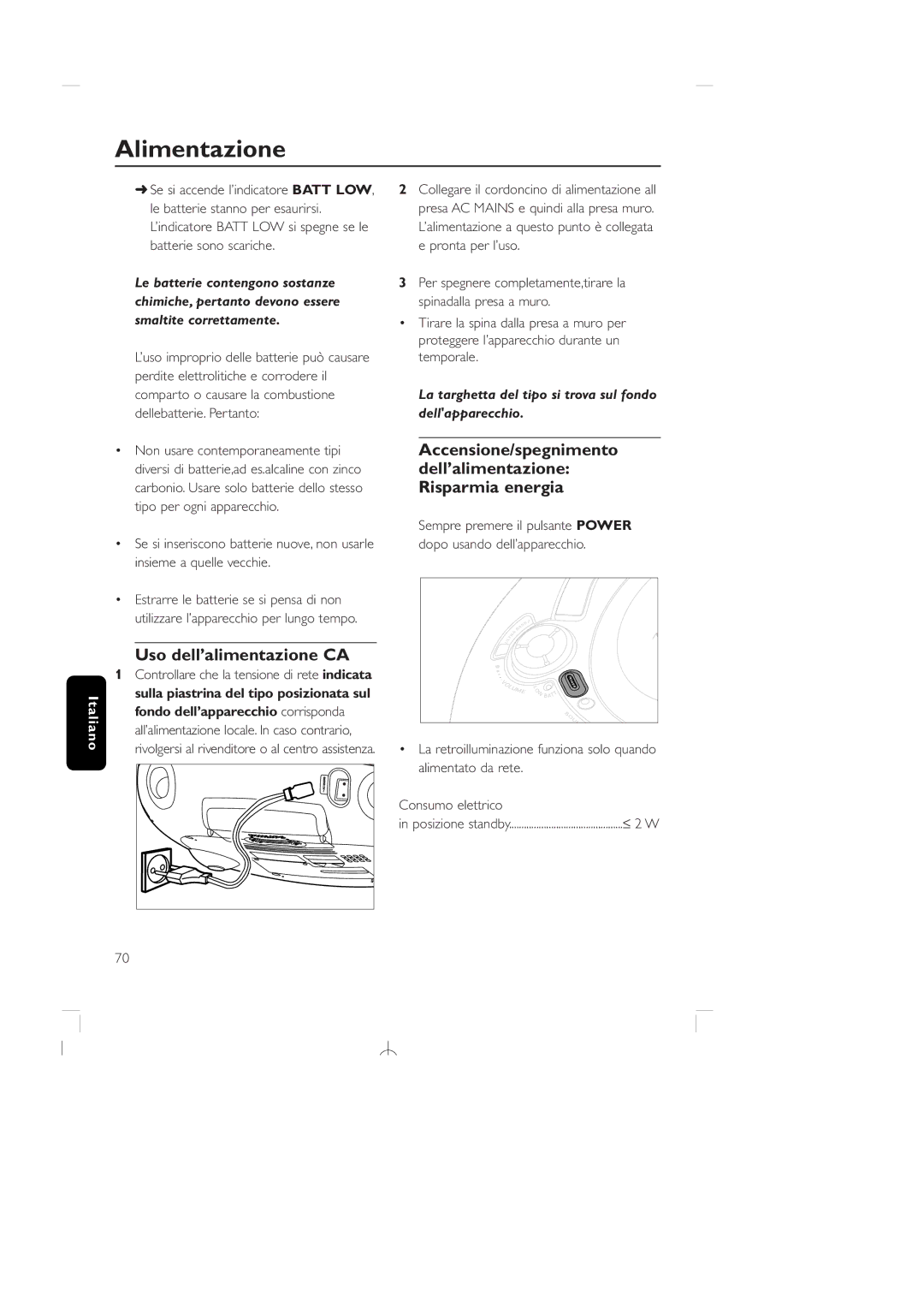 Philips AZ1150 manual Uso dell’alimentazione CA, La targhetta del tipo si trova sul fondo dellapparecchio, ≤ 2 W 