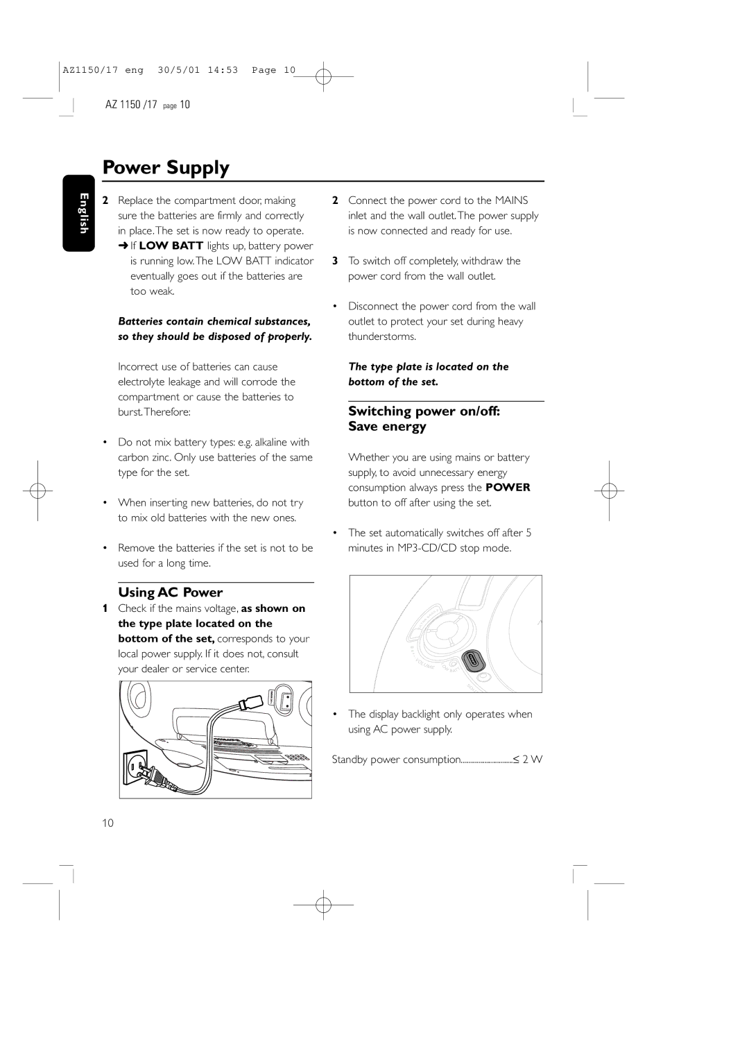 Philips AZ1150/17 manual Power Supply, Using AC Power, Switching power on/off Save energy 