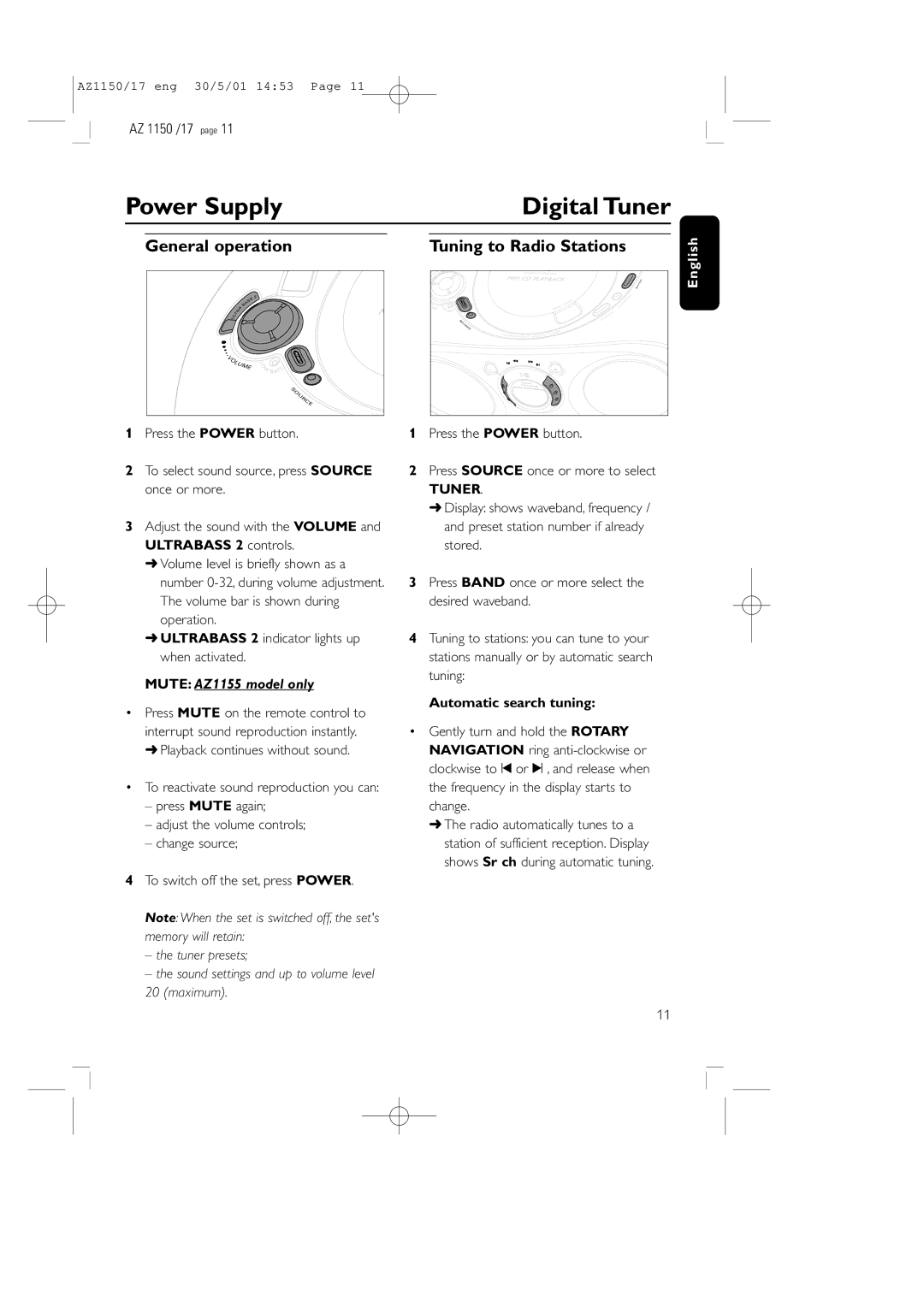 Philips AZ1150/17 manual Power Supply Digital Tuner, General operation, Automatic search tuning 