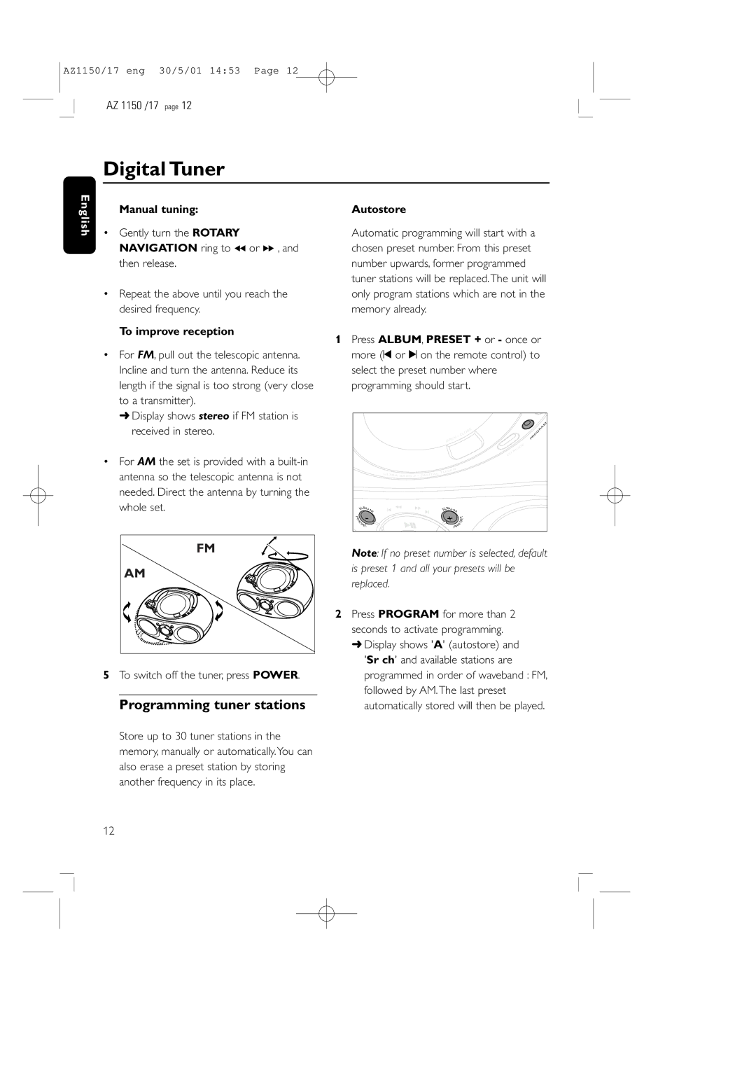 Philips AZ1150/17 manual Programming tuner stations, Manual tuning, To improve reception, Autostore 