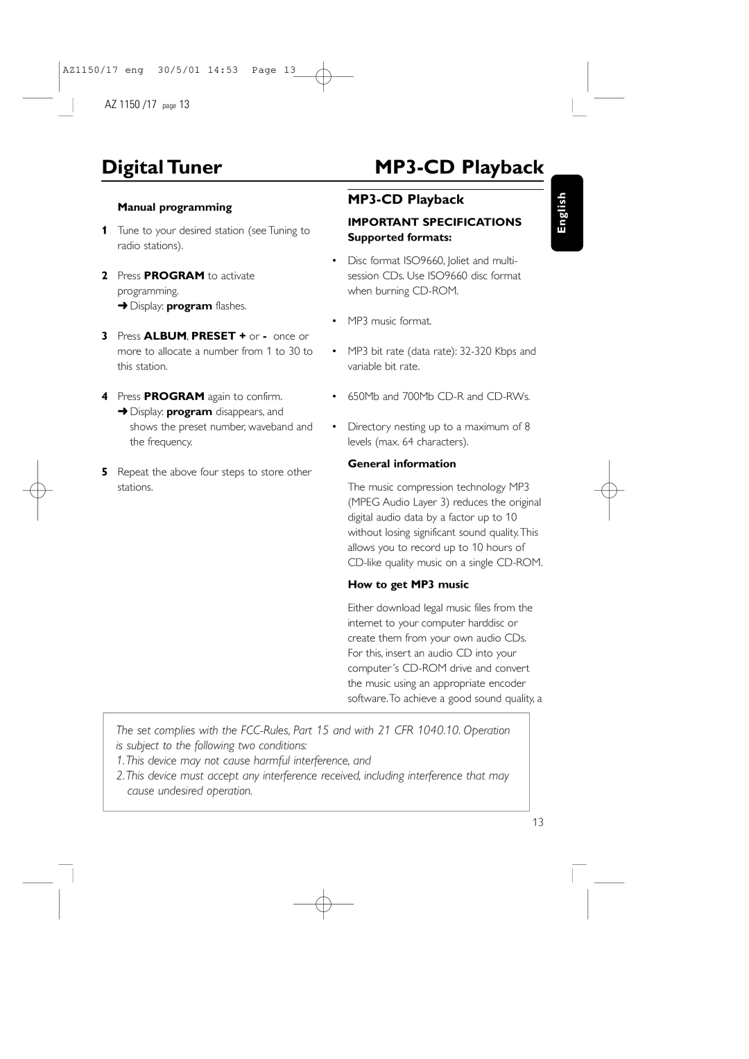 Philips AZ1150/17 manual Digital Tuner MP3-CD Playback, Manual programming, Important Specifications Supported formats 