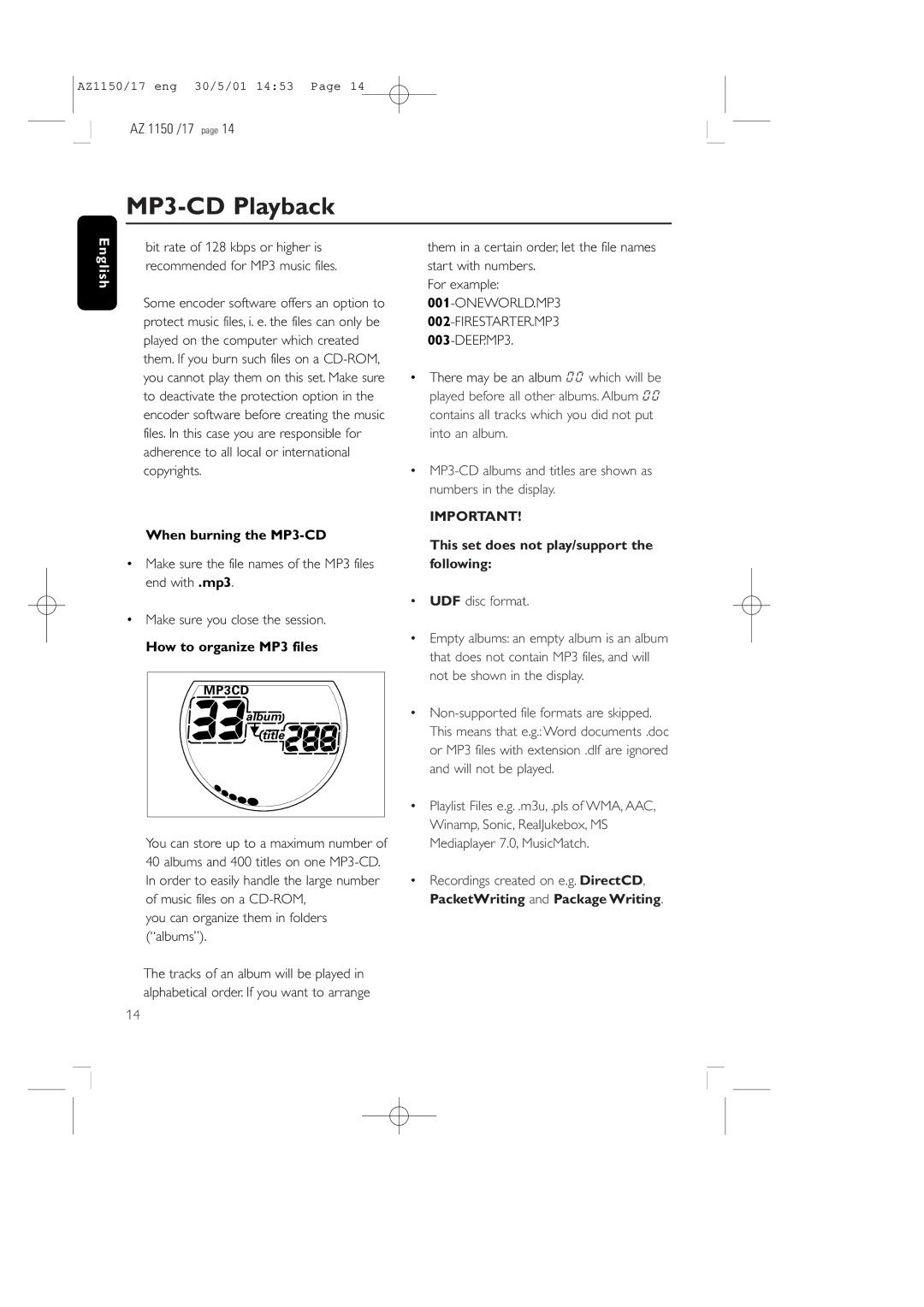 Philips AZ1150/17 manual When burning the MP3-CD, How to organize MP3 files, You can organize them in folders albums 