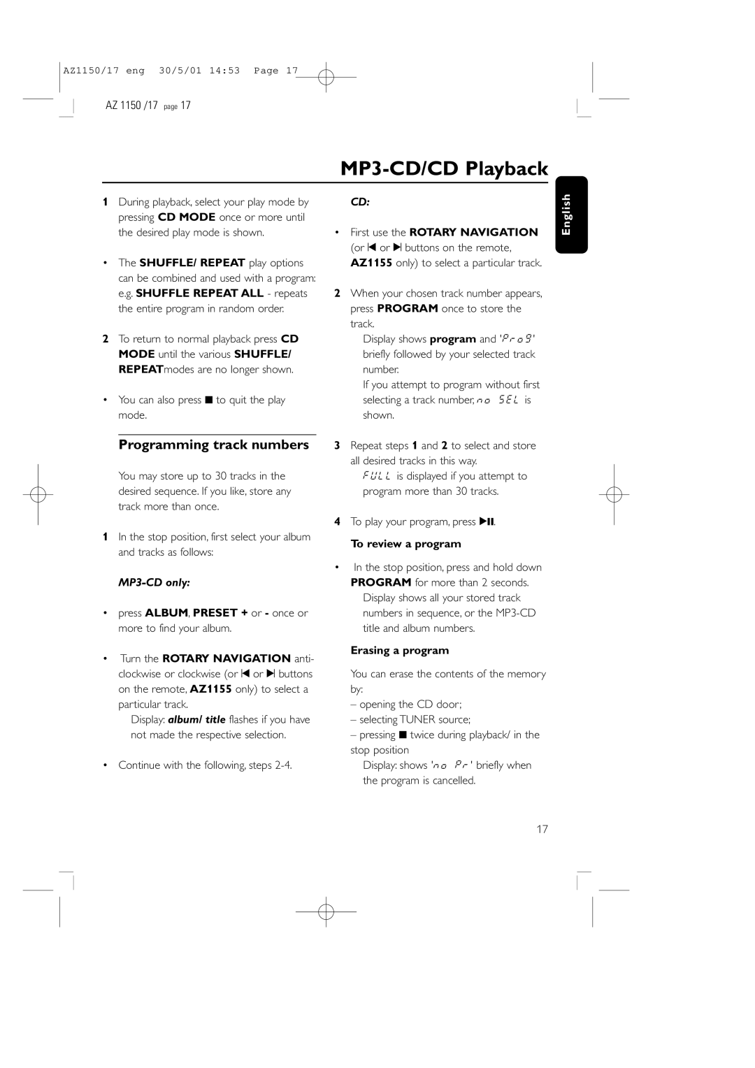 Philips AZ1150/17 manual Programming track numbers, To review a program, Erasing a program 