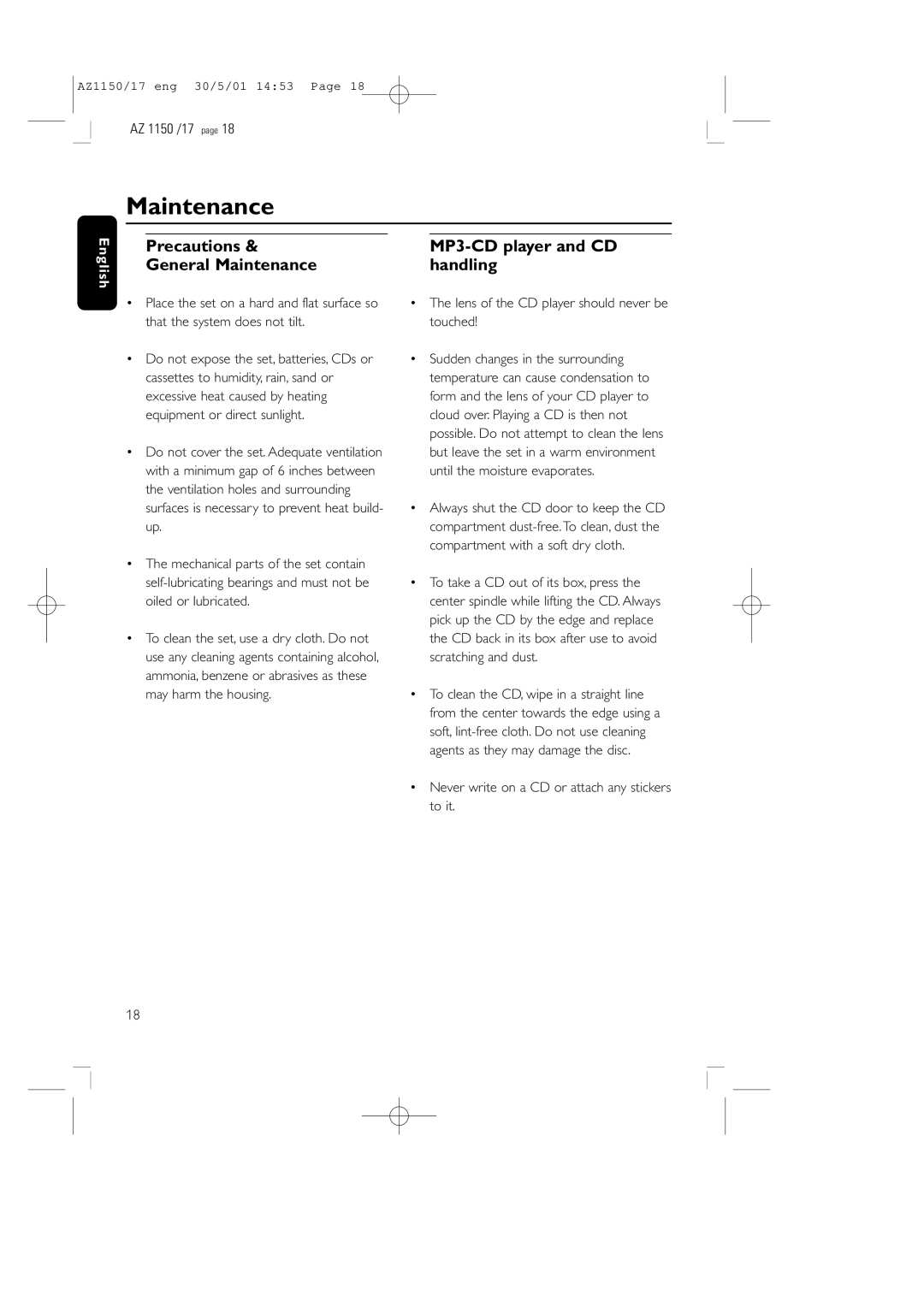 Philips AZ1150/17 manual Maintenance, Lens of the CD player should never be touched 