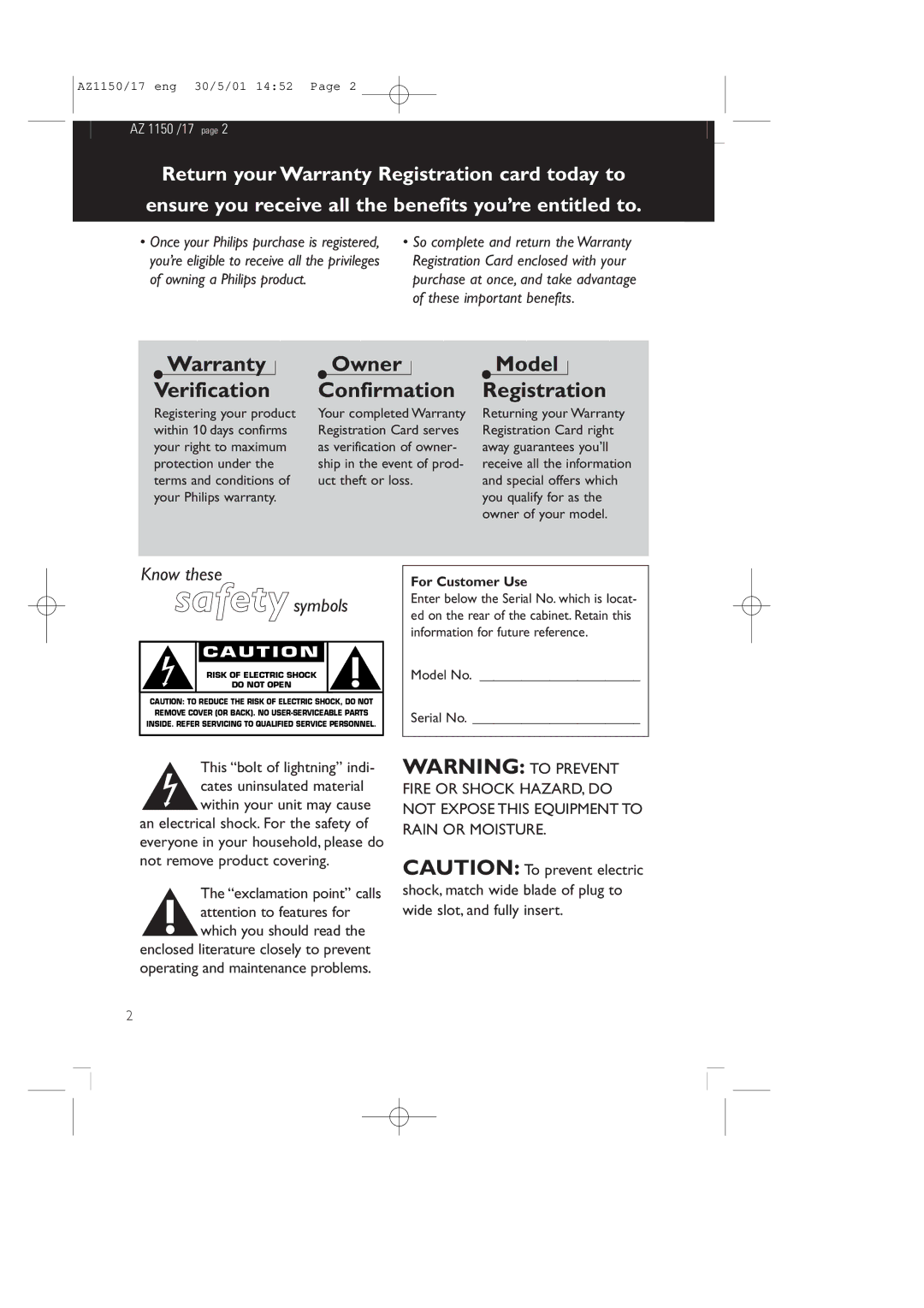 Philips AZ1150/17 manual Warranty Verification, For Customer Use 