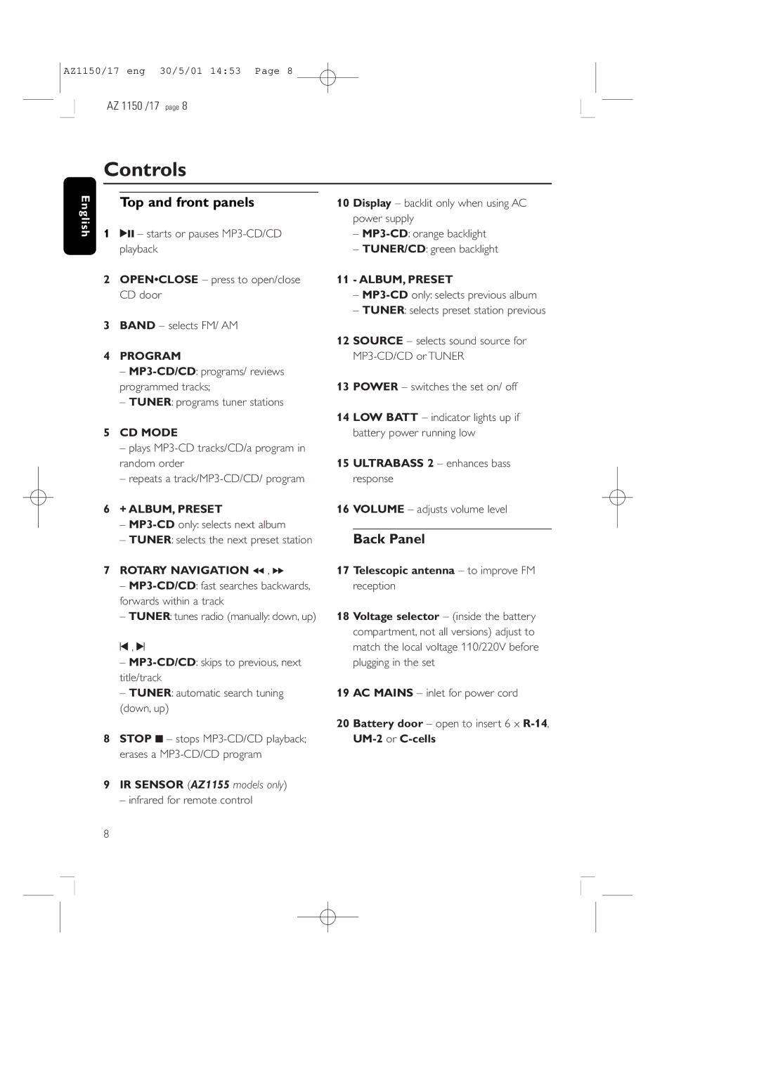 Philips AZ1150/17 manual Controls, Top and front panels, Back Panel 