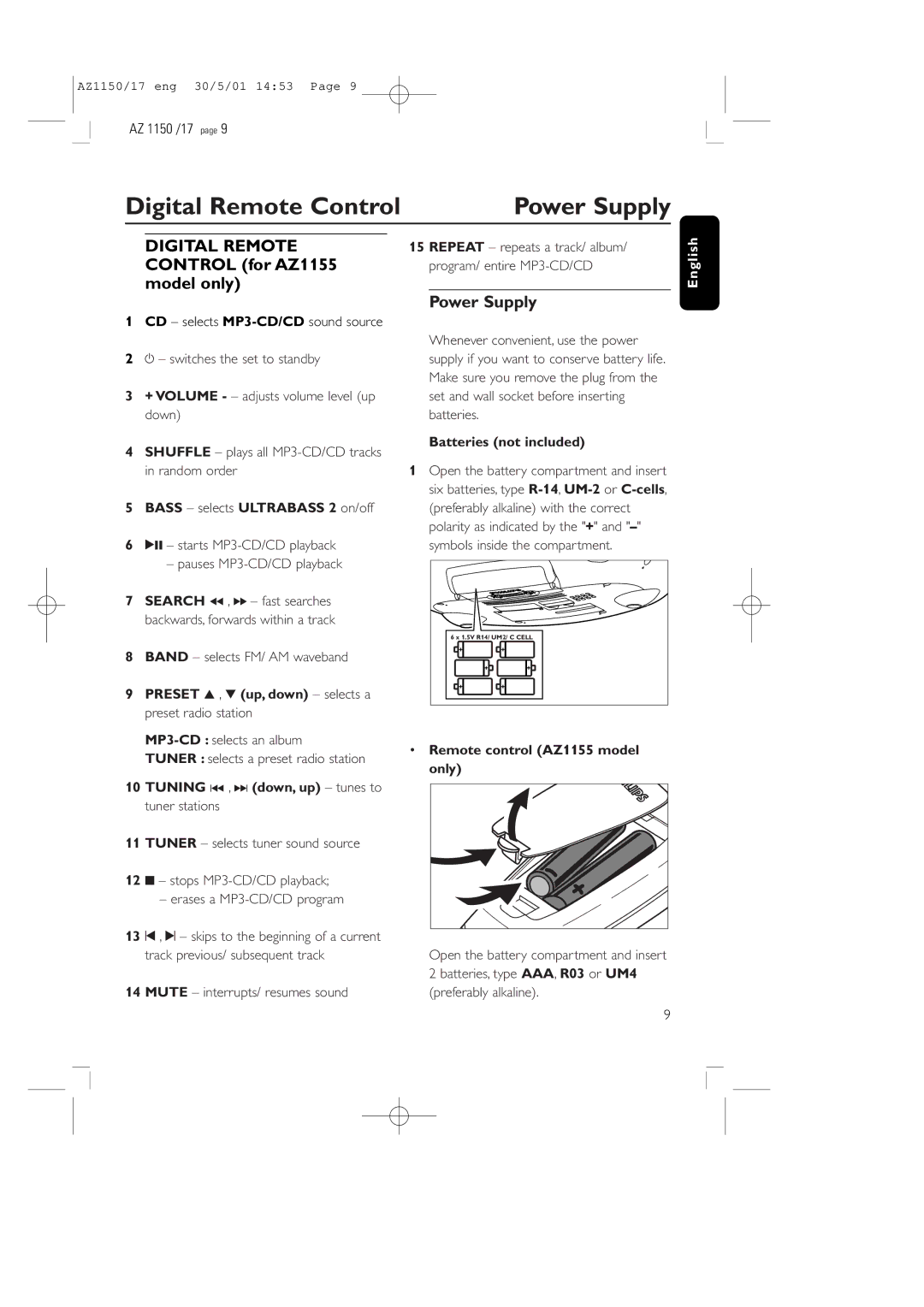 Philips AZ1150/17 manual Digital Remote Control for AZ1155 model only 