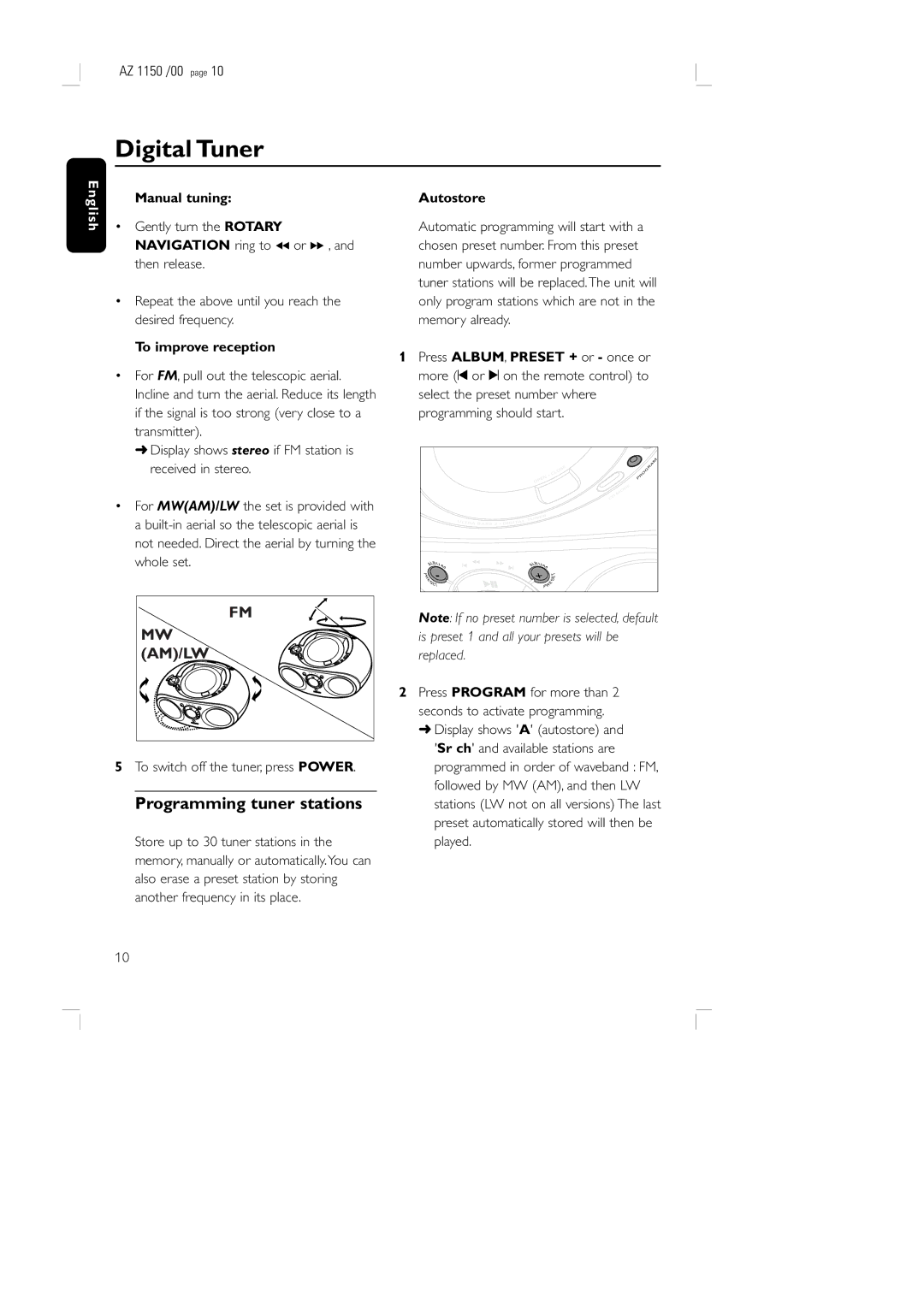 Philips AZ1155 manual Programming tuner stations, Manual tuning, To improve reception, Autostore 