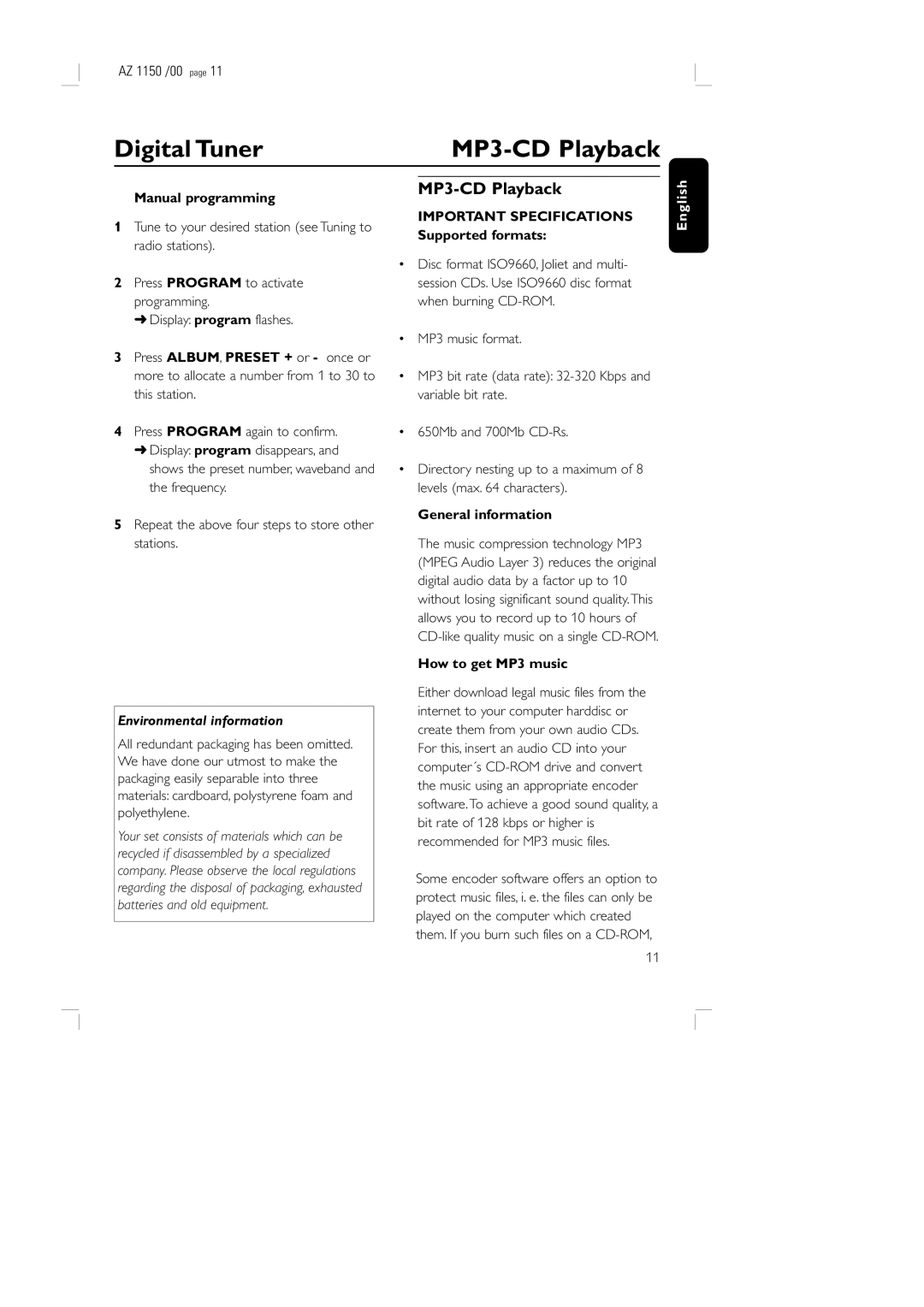 Philips AZ1155 manual Digital Tuner MP3-CD Playback, Environmental information 