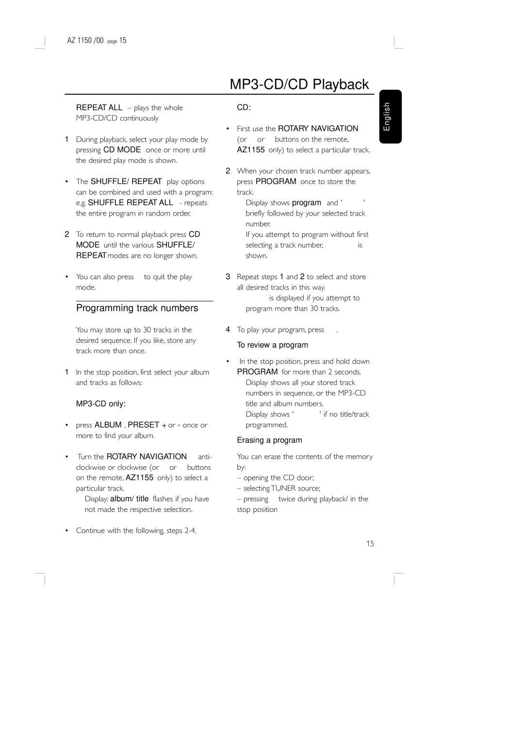 Philips AZ1155 manual Programming track numbers, MP3-CD only, To review a program, Erasing a program 