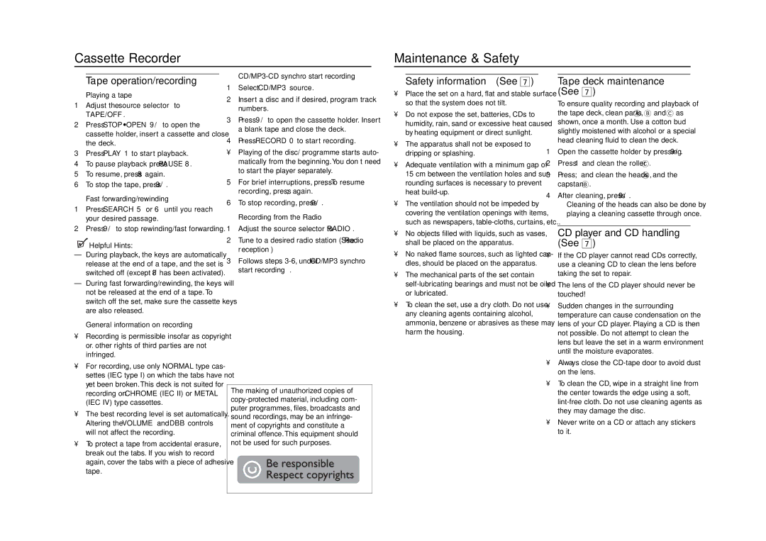 Philips AZ122 user manual Cassette Recorder Maintenance & Safety, Tape operation/recording, Safety information See 