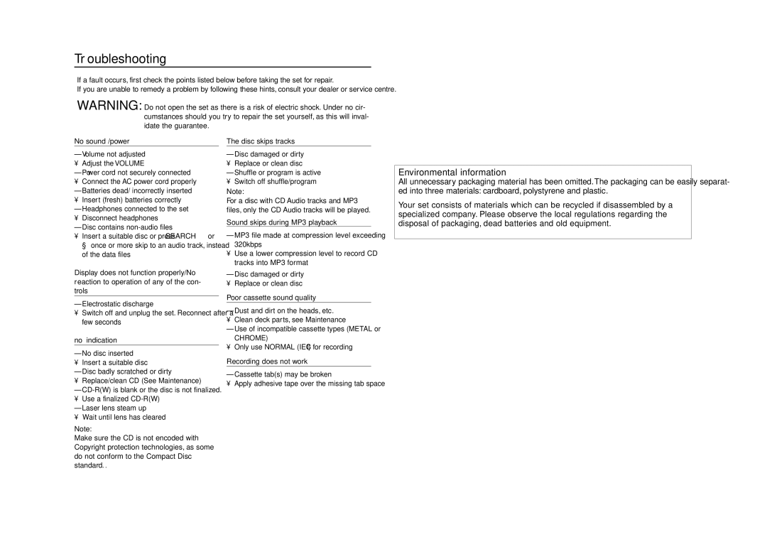 Philips AZ122 user manual Troubleshooting 