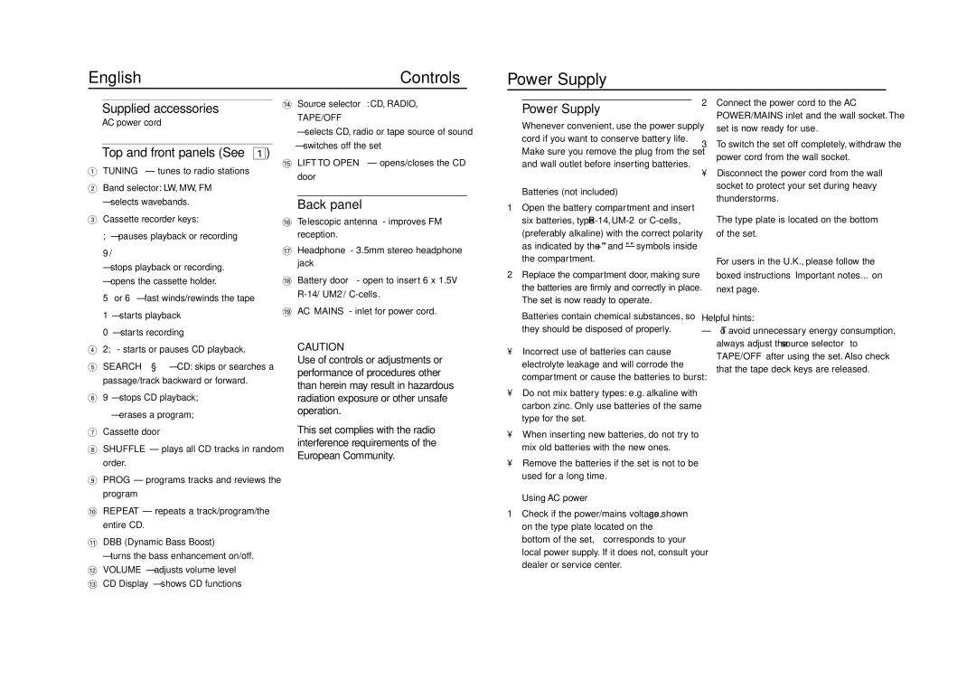 Philips AZ1220 user manual Power Supply, Supplied accessories, Top and front panels See, Back panel 