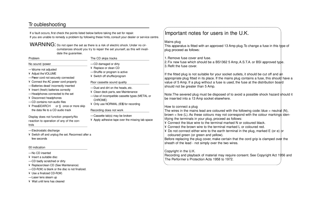 Philips AZ1220 user manual Troubleshooting, Important notes for users in the U.K 