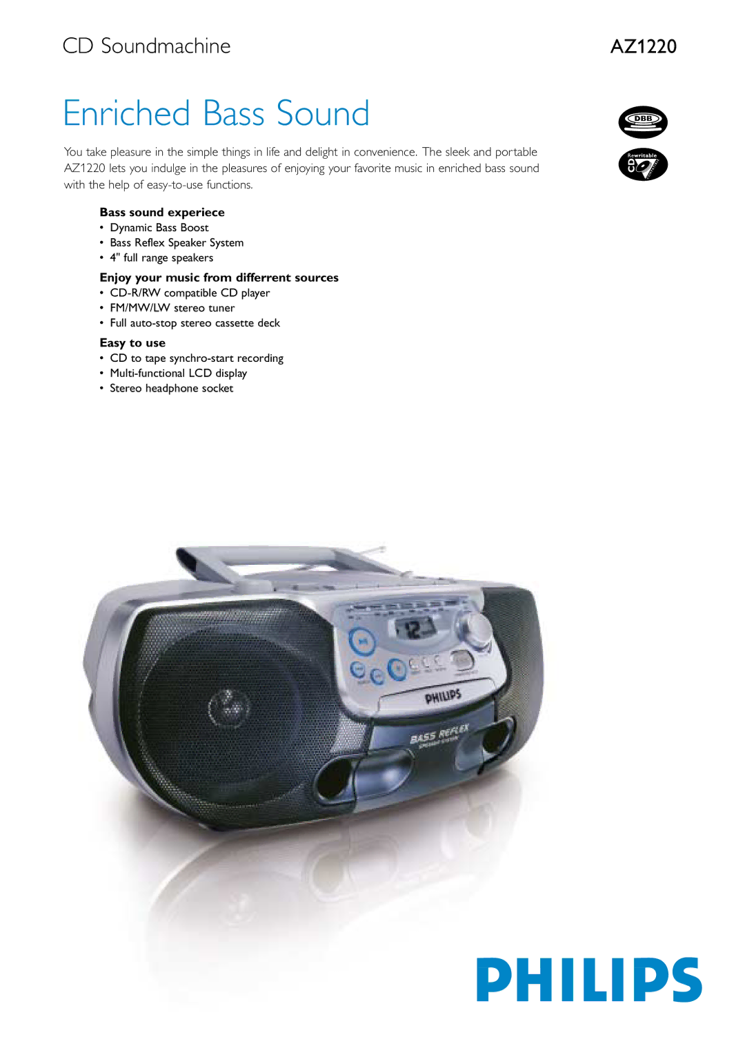 Philips AZ1220 manual Bass sound experiece, Enjoy your music from differrent sources, Easy to use 