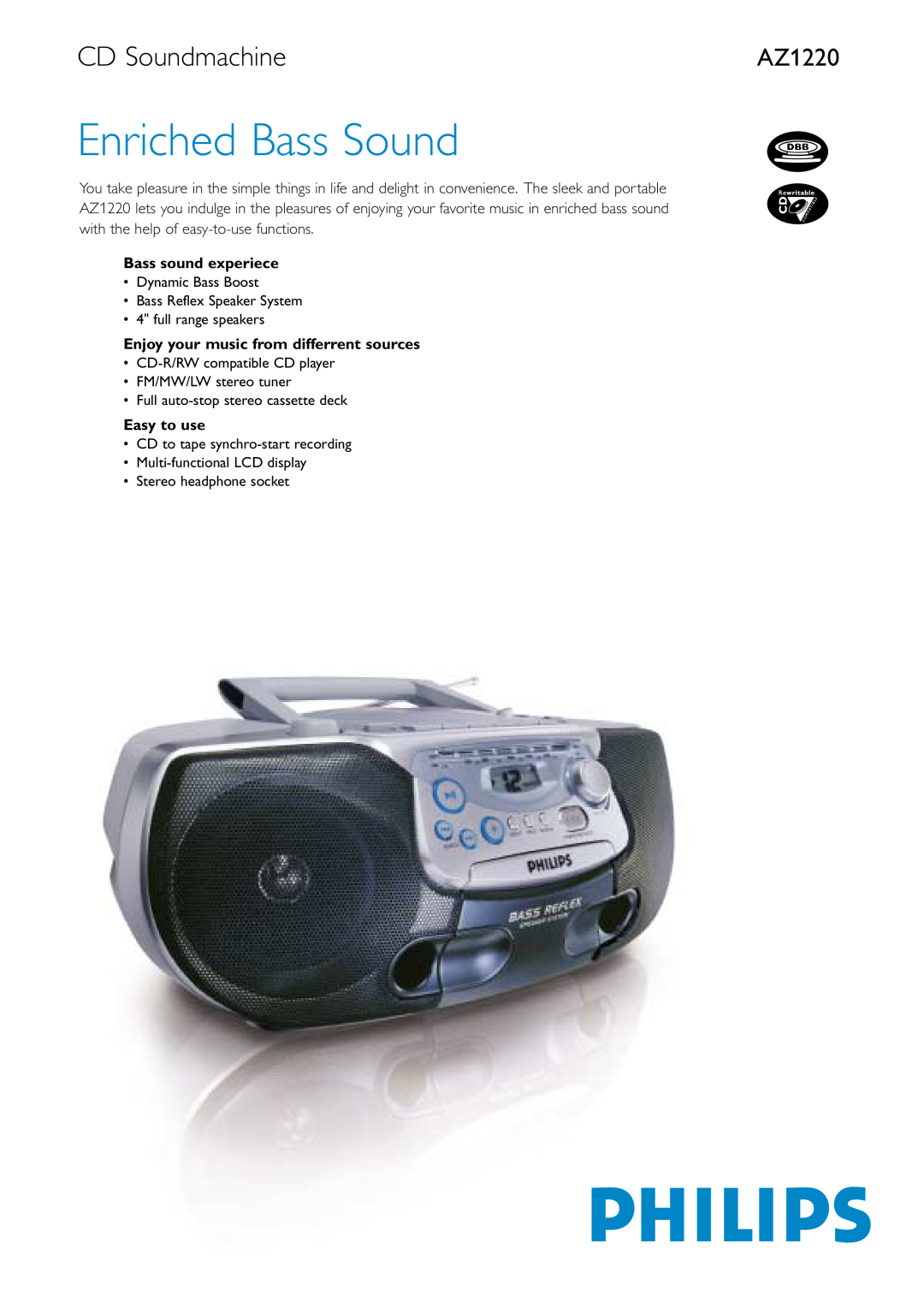 Philips AZ1220 manual CD Soundmachine, Enriched Bass Sound 