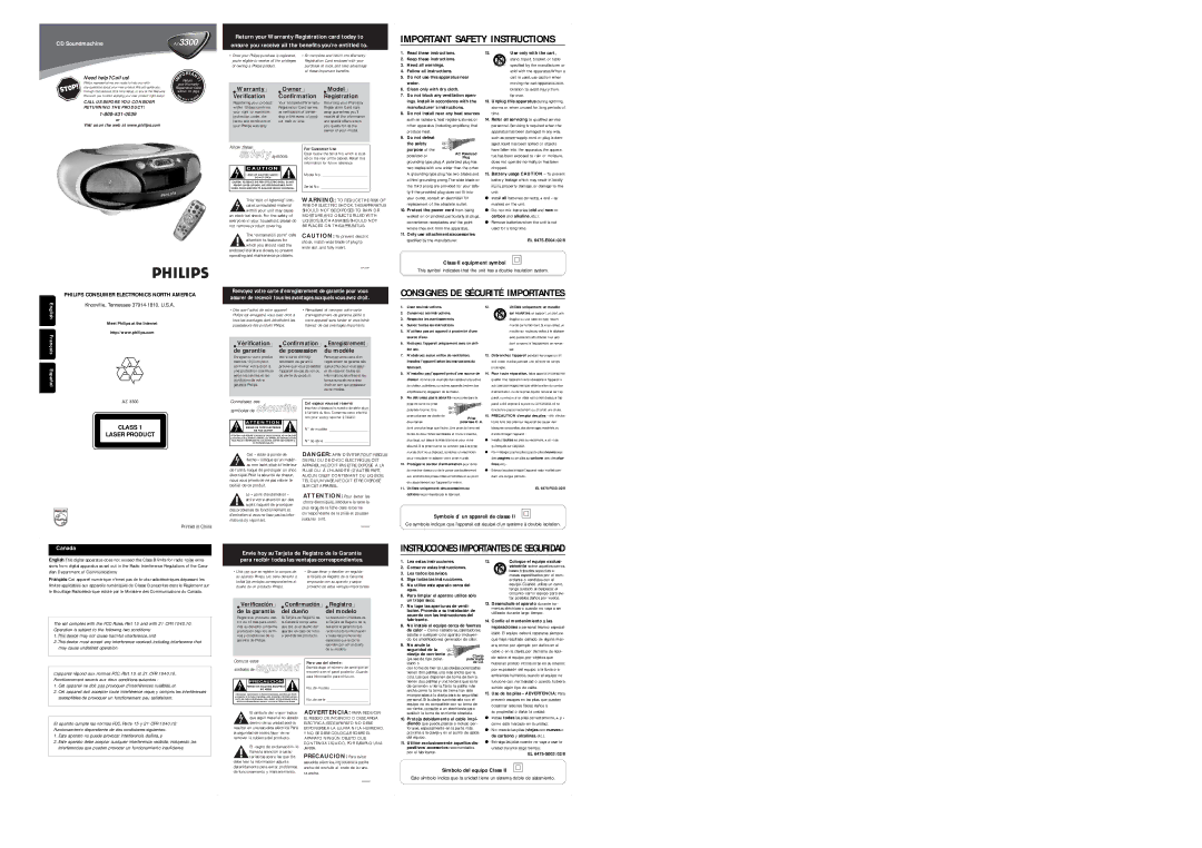 Philips AZ1300/17 important safety instructions CD Soundmachine, Meet Philips at the Internet 