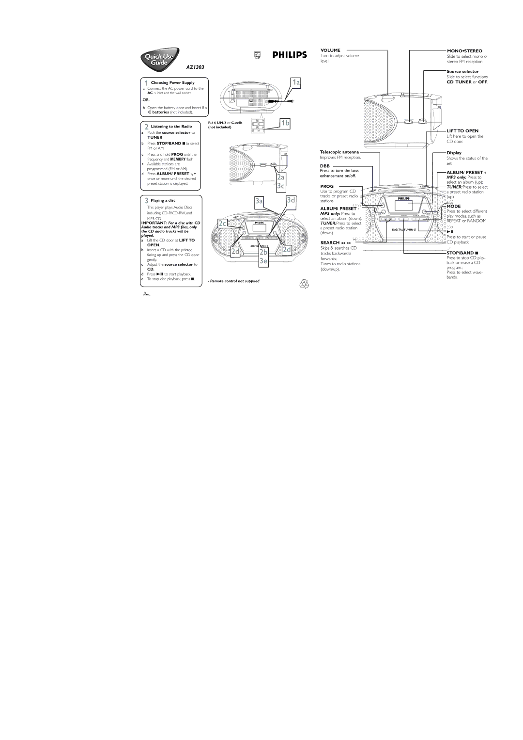 Philips AZ1303 manual Volume, Monostereo, Dbb, Prog, ALBUM/ Preset, Search ∞ §, Lift to Open, Mode 