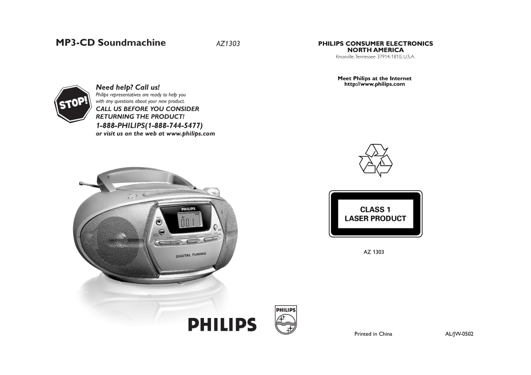 Philips AZ1303/37 manual MP3-CD Soundmachine, Knoxville,Tennessee 37914-1810, U.S.A 