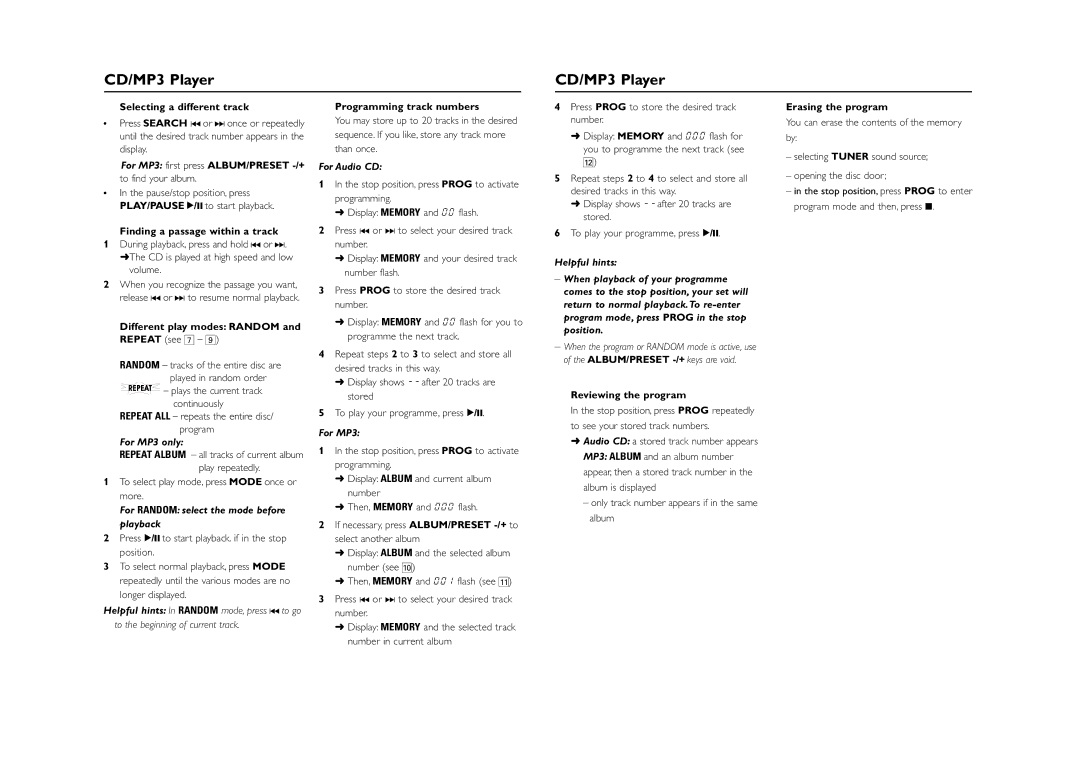 Philips AZ1303/37 manual For Audio CD, For MP3 only, For Random select the mode before playback 