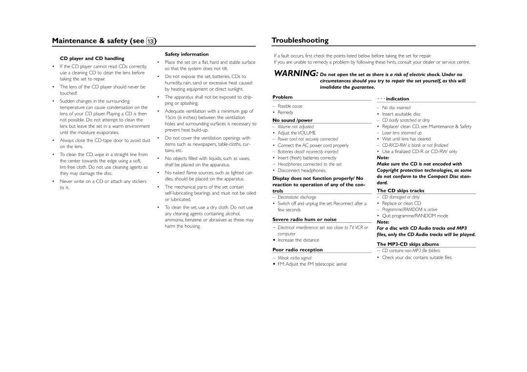 Philips AZ1303/37 manual Maintenance & safety see # Troubleshooting 