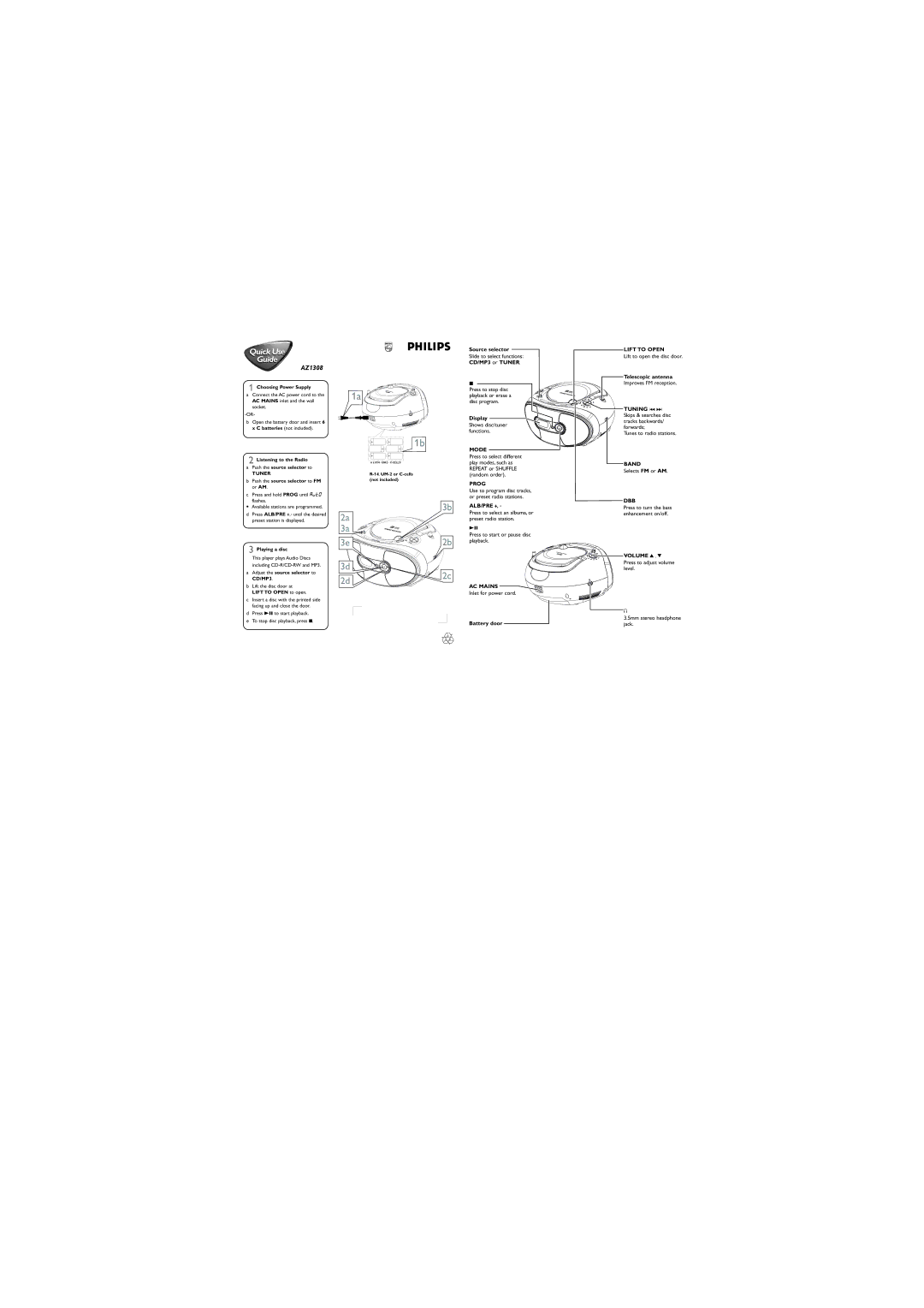 Philips AZ1308/37 manual Lift to Open, Mode, Prog, Band, Dbb, AC Mains 